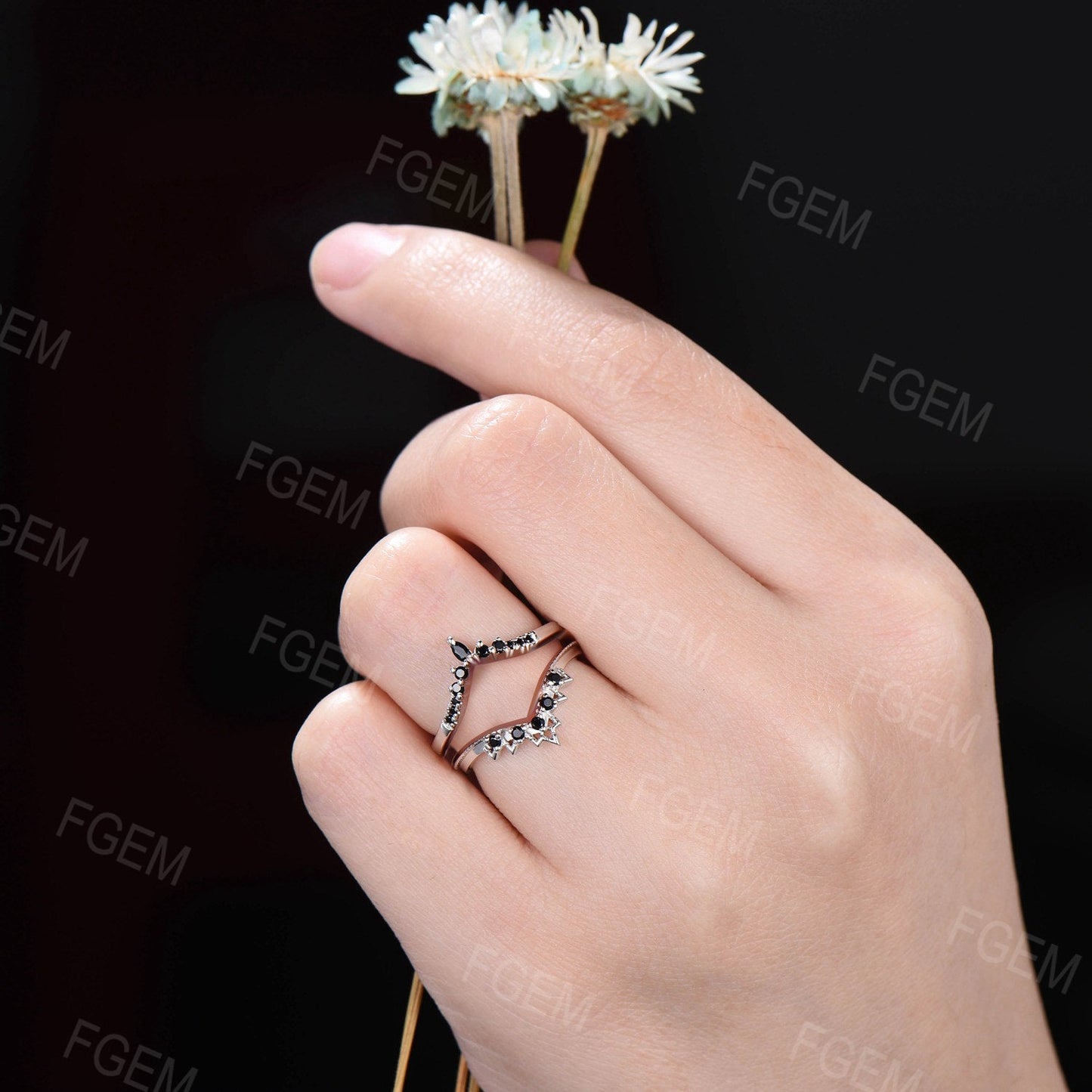 Enhancer Stacking Matching Wedding Band,Black Spinel Band,Black Gemstone Wedding Ring,Double Curved Ring,White Gold Bridal Ring Jacket Women