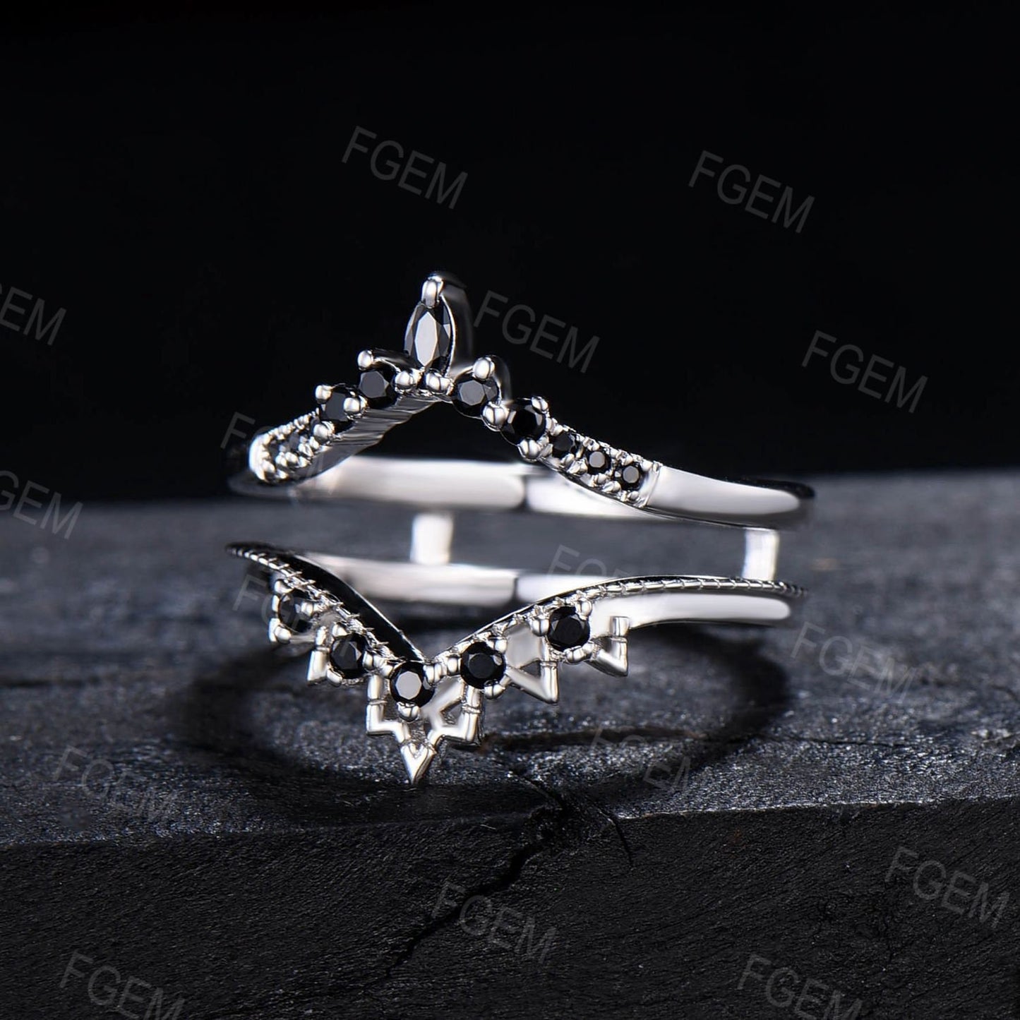 Enhancer Stacking Matching Wedding Band,Black Spinel Band,Black Gemstone Wedding Ring,Double Curved Ring,White Gold Bridal Ring Jacket Women
