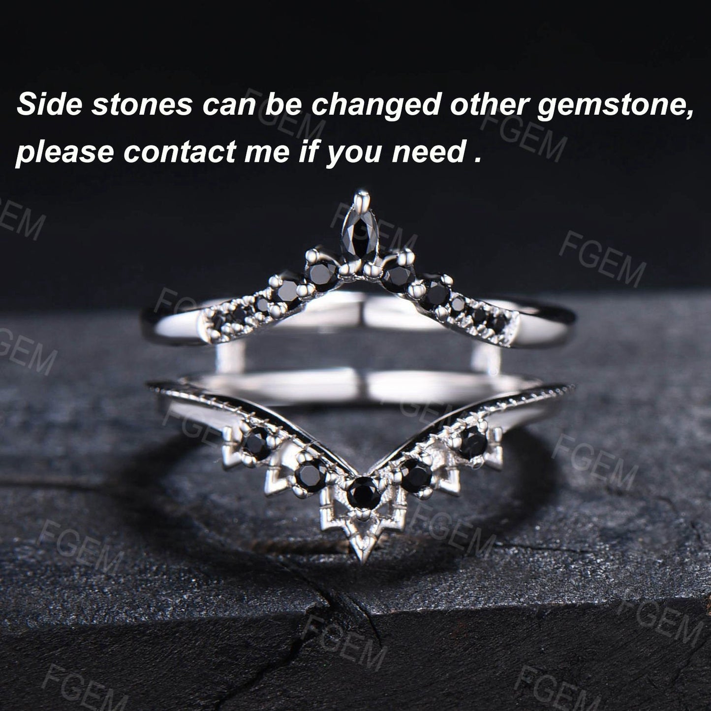 Enhancer Stacking Matching Wedding Band,Black Spinel Band,Black Gemstone Wedding Ring,Double Curved Ring,White Gold Bridal Ring Jacket Women