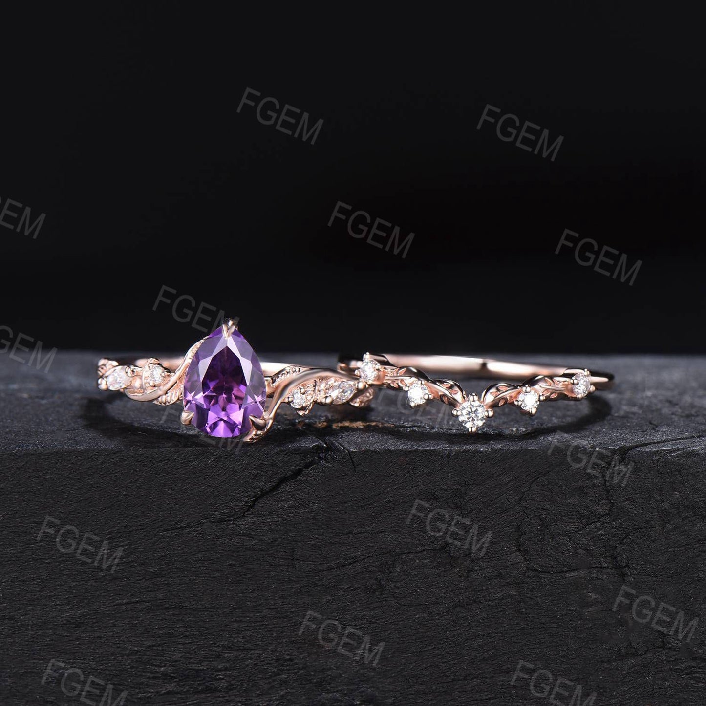 February Birthstone Wedding Ring 1.25ct Pear Natural Amethyst Purple Crystal Ring Set Nature Inspired Branch Moissanite Amethyst Bridal Sets