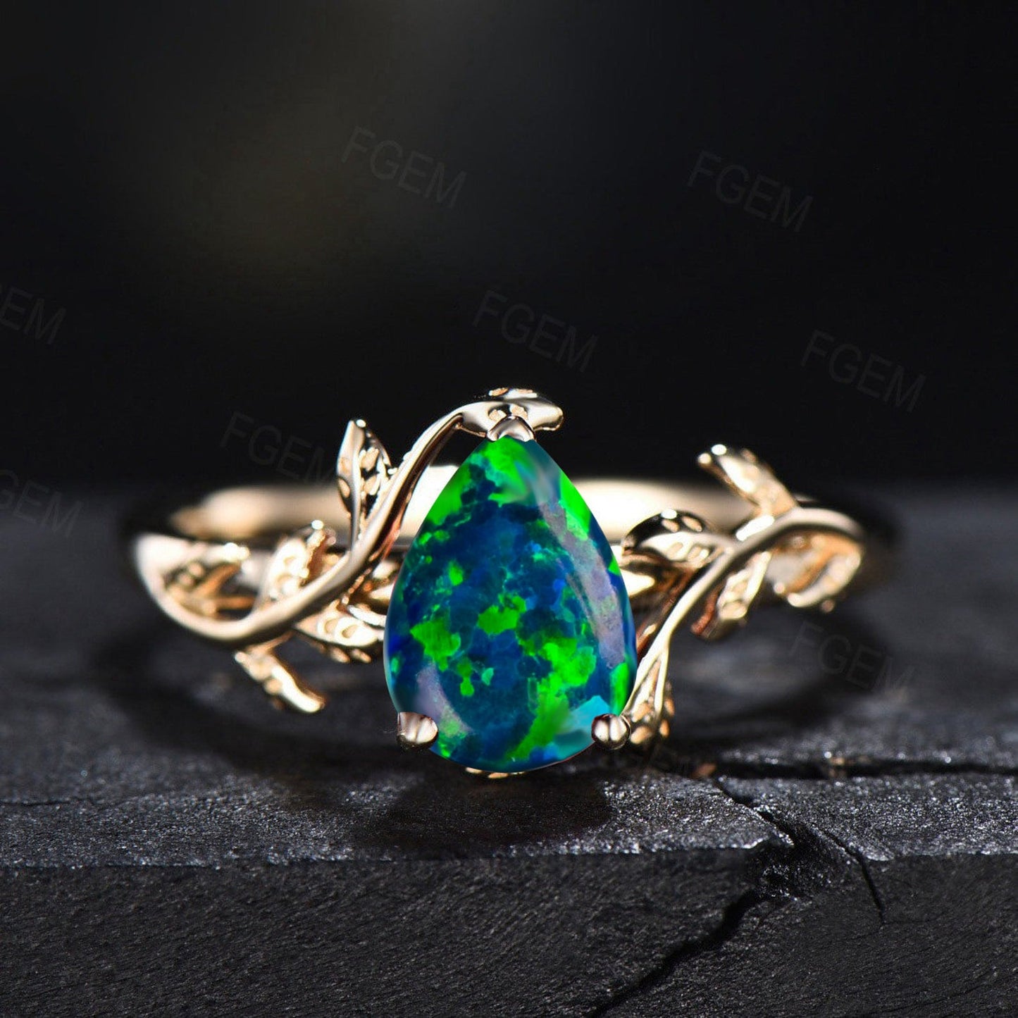 6*8mm Pear Shaped Black Fire Opal Ring Vintage Silver Twig Leaf Nature Inspired Opal Engagement Ring Anniversary Ring Women Proposal Gift