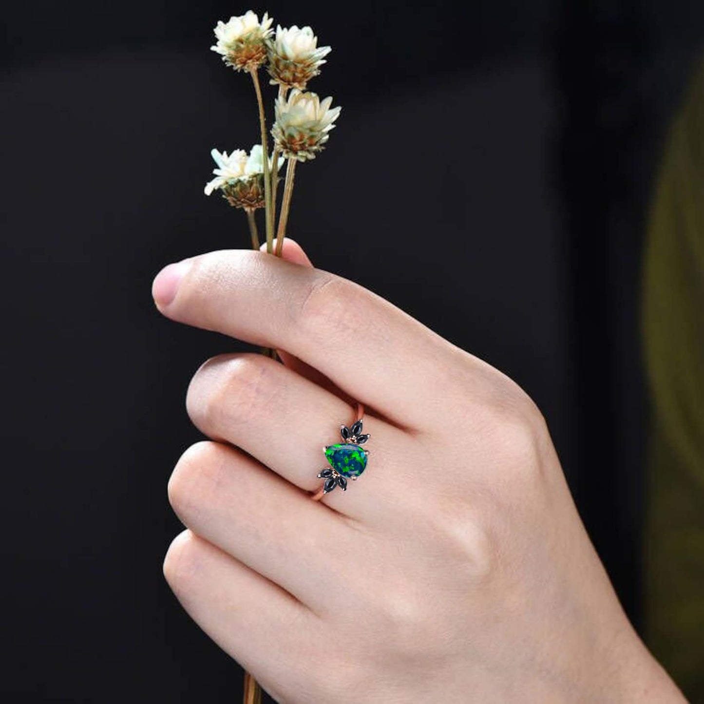 1.25ct Pear Shaped Black Fire Opal Cluster Engagement Ring 10K Rose Gold Natural Black Spinel Ring Unique Handmade Proposal Gifts for Women