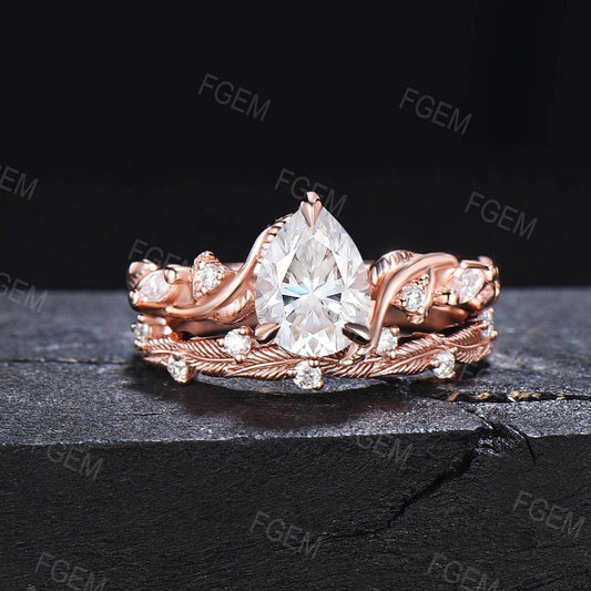Nature Inspired Moissanite Engagement Ring Set Twist Band 1.25ct Pear Moissanite Diamond Wedding Ring Set Twig Vine Ring Branch Bridal Set