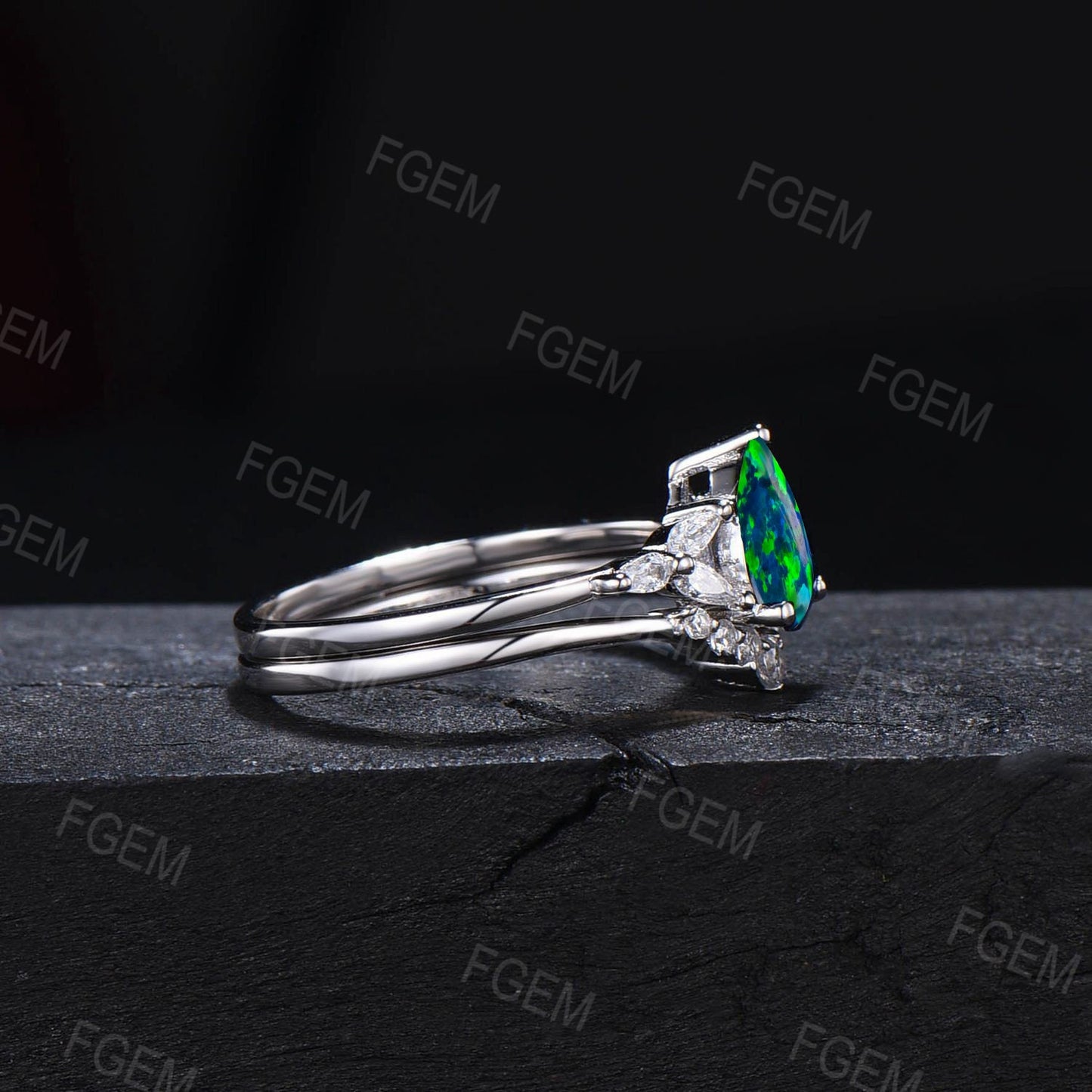 1.25ct Sterling Silver Pear Black Fire Opal Ring Set Women Antique Black Opal Wedding Ring Unique Healing Stones Anniversary/Promise Gifts