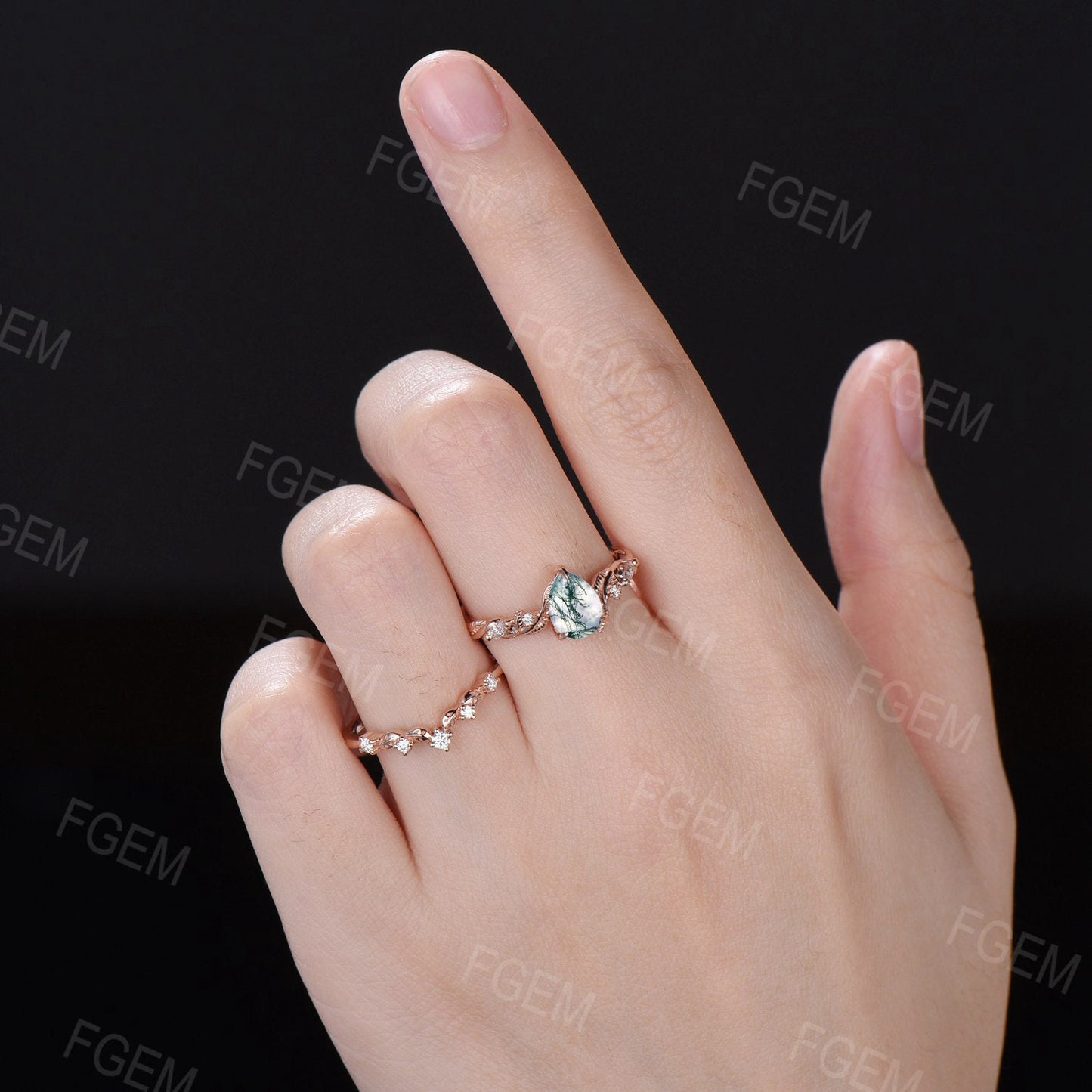 Branch Twig Design 1.25CT Pear Cut Natural Moss Agate Engagement Ring Set Vintage 14K Rose Gold Nature Inspired Moss Moissanite Wedding Ring