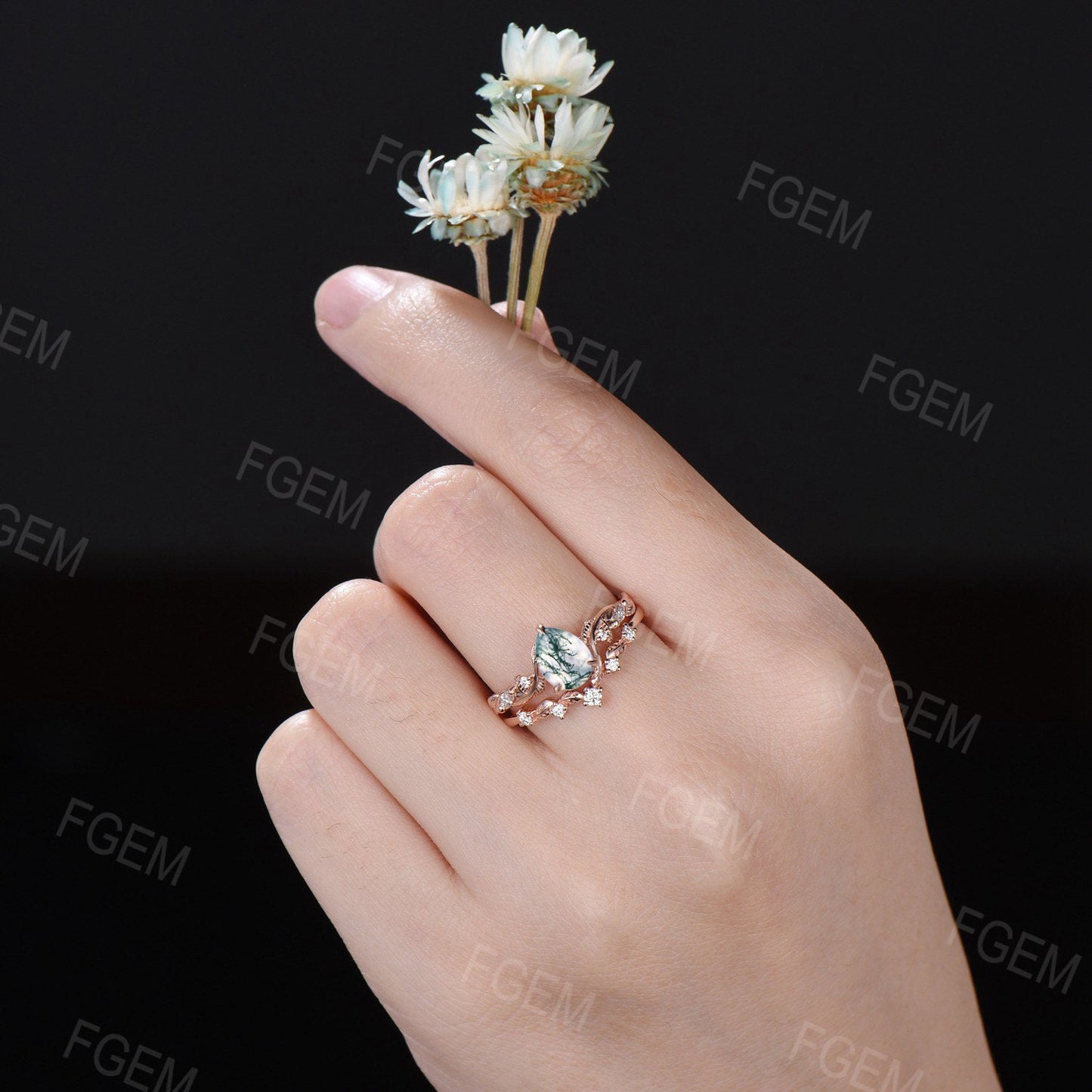 Branch Twig Design 1.25CT Pear Cut Natural Moss Agate Engagement Ring Set Vintage 14K Rose Gold Nature Inspired Moss Moissanite Wedding Ring