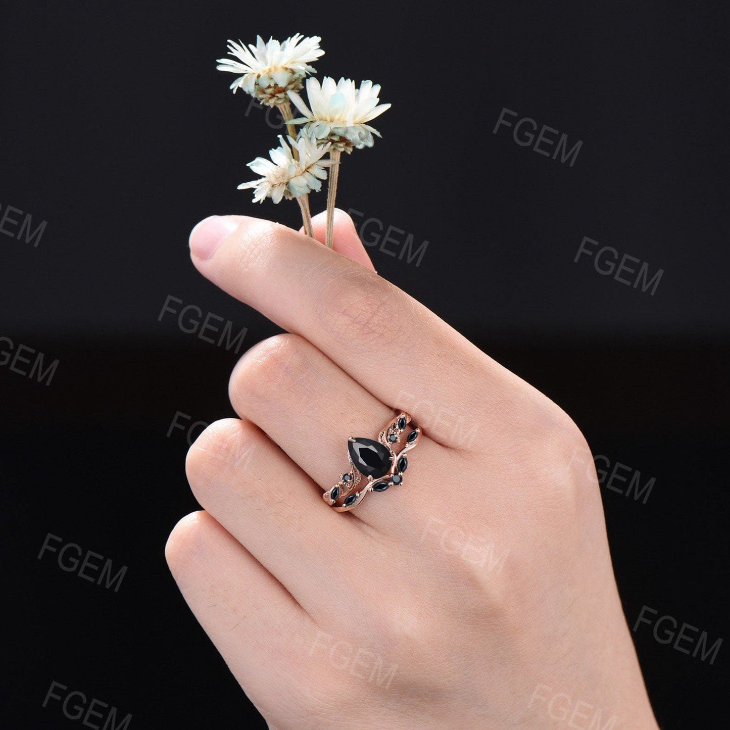 Nature Inspired Black Bridal Set 1.25ct Pear Cut Natural Black Onyx Engagement Ring Set Vintage Antique Art Deco Branch Black Wedding Ring