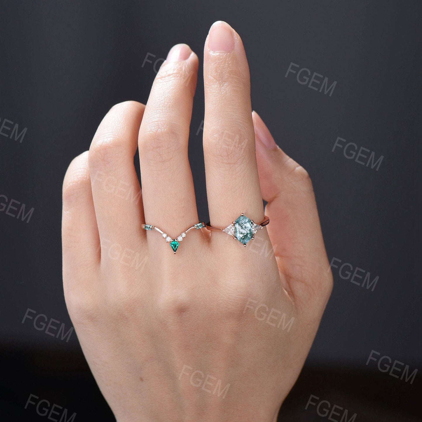 Hexagon Cut Natural Moss Agate Engagement Ring Set Vintage 10K Rose Gold Moss Agate Emerald Wedding Band Unique Anniversary/Birthday Gifts