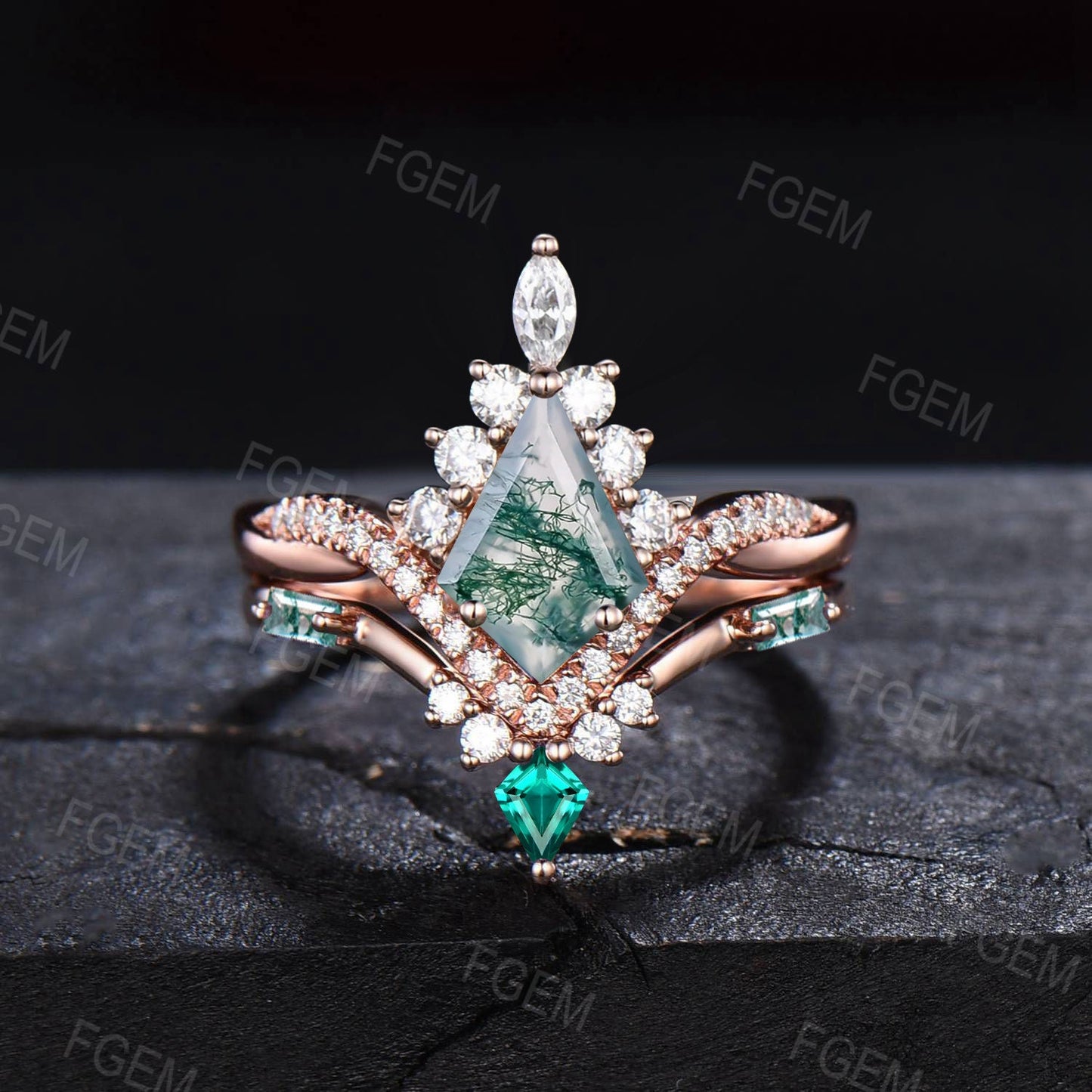 Natural Moss Agate Bridal Set Vintage 1ct Kite Moss Engagement Ring Halo Moissanite Moss Green Emerald Wedding Promise Ring Anniversary Gift