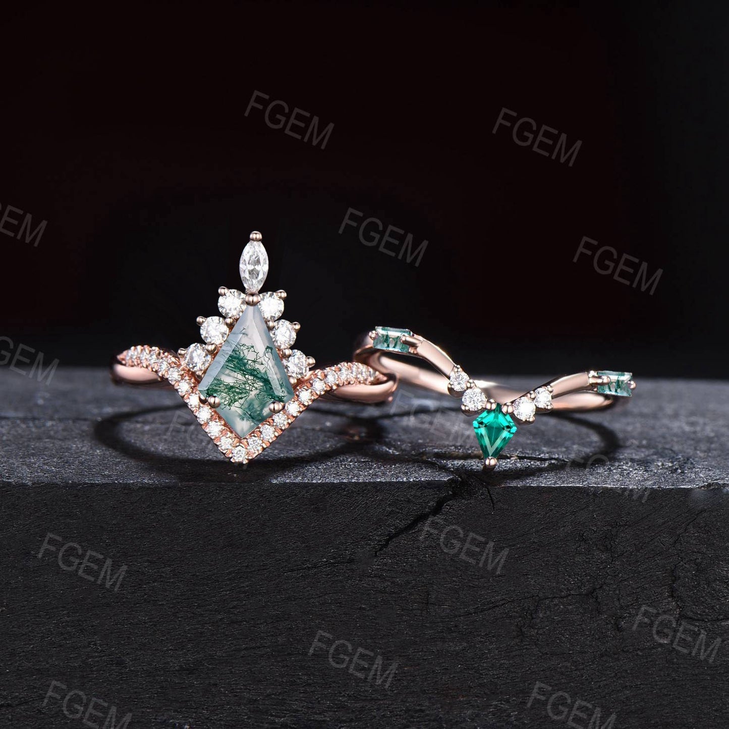 Natural Moss Agate Bridal Set Vintage 1ct Kite Moss Engagement Ring Halo Moissanite Moss Green Emerald Wedding Promise Ring Anniversary Gift
