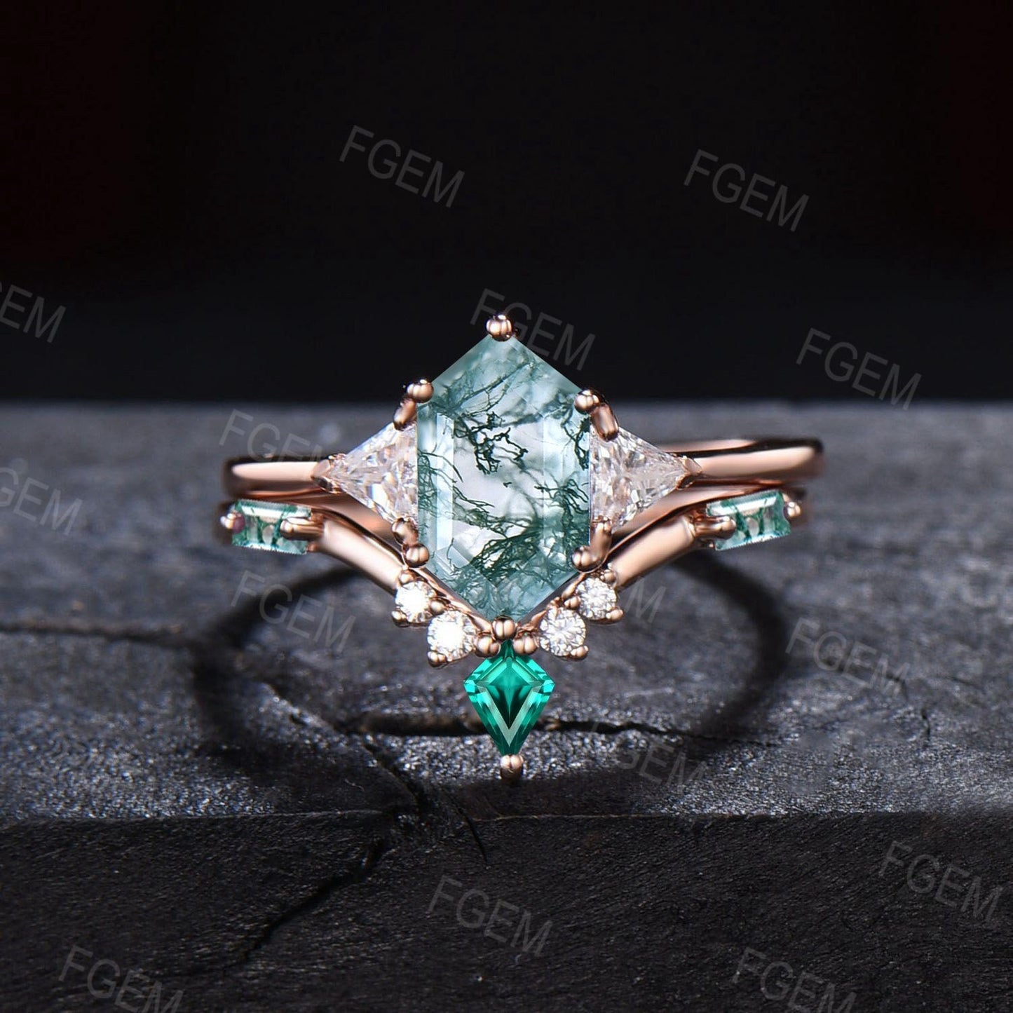 Hexagon Cut Natural Moss Agate Engagement Ring Set Vintage 10K Rose Gold Moss Agate Emerald Wedding Band Unique Anniversary/Birthday Gifts