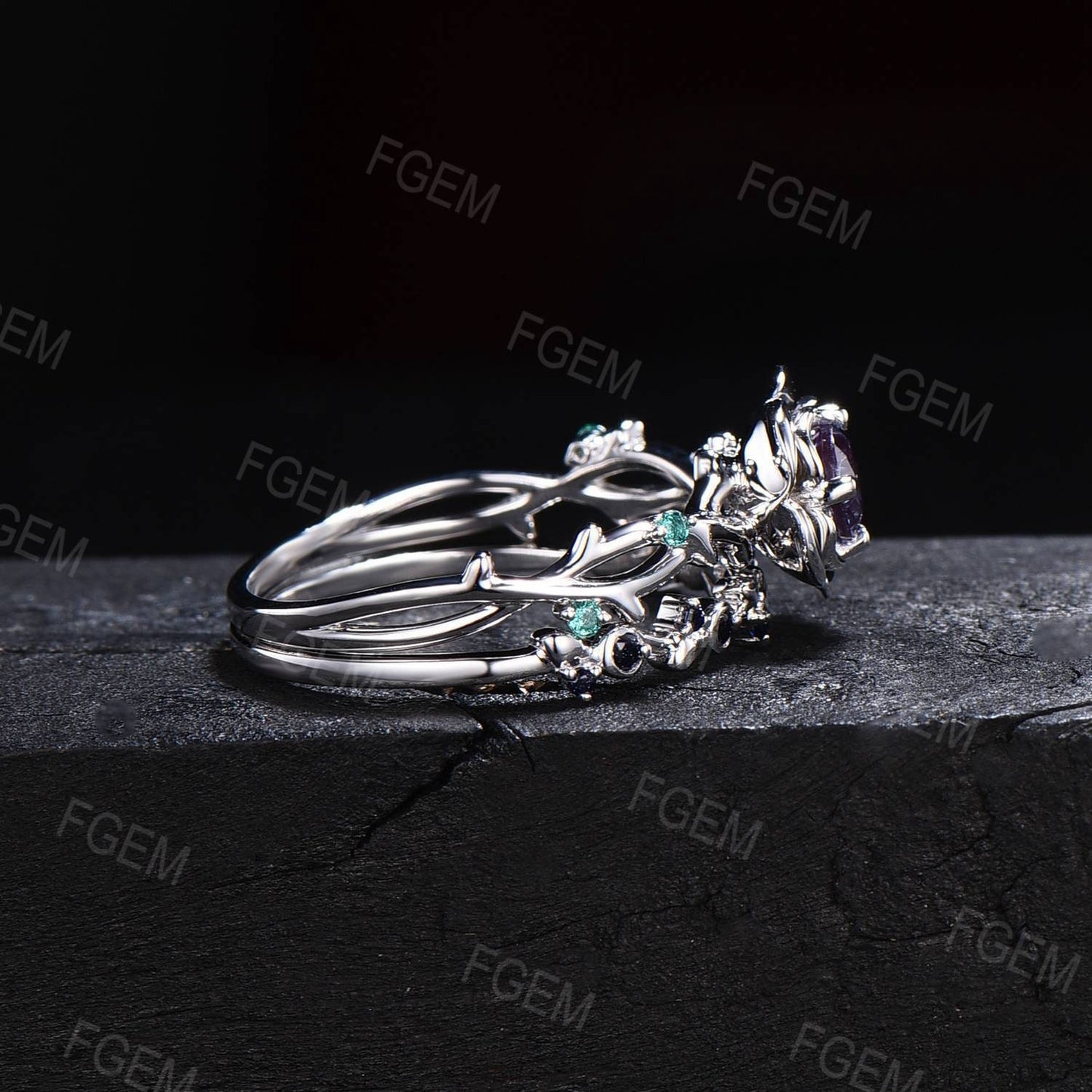 Rose Flower Galaxy Starry Sky Blue Sandstone Bridal Set Cluster Green Emerald Ring Twig Vine Floral Blue Goldstone Platinum Proposal Ring