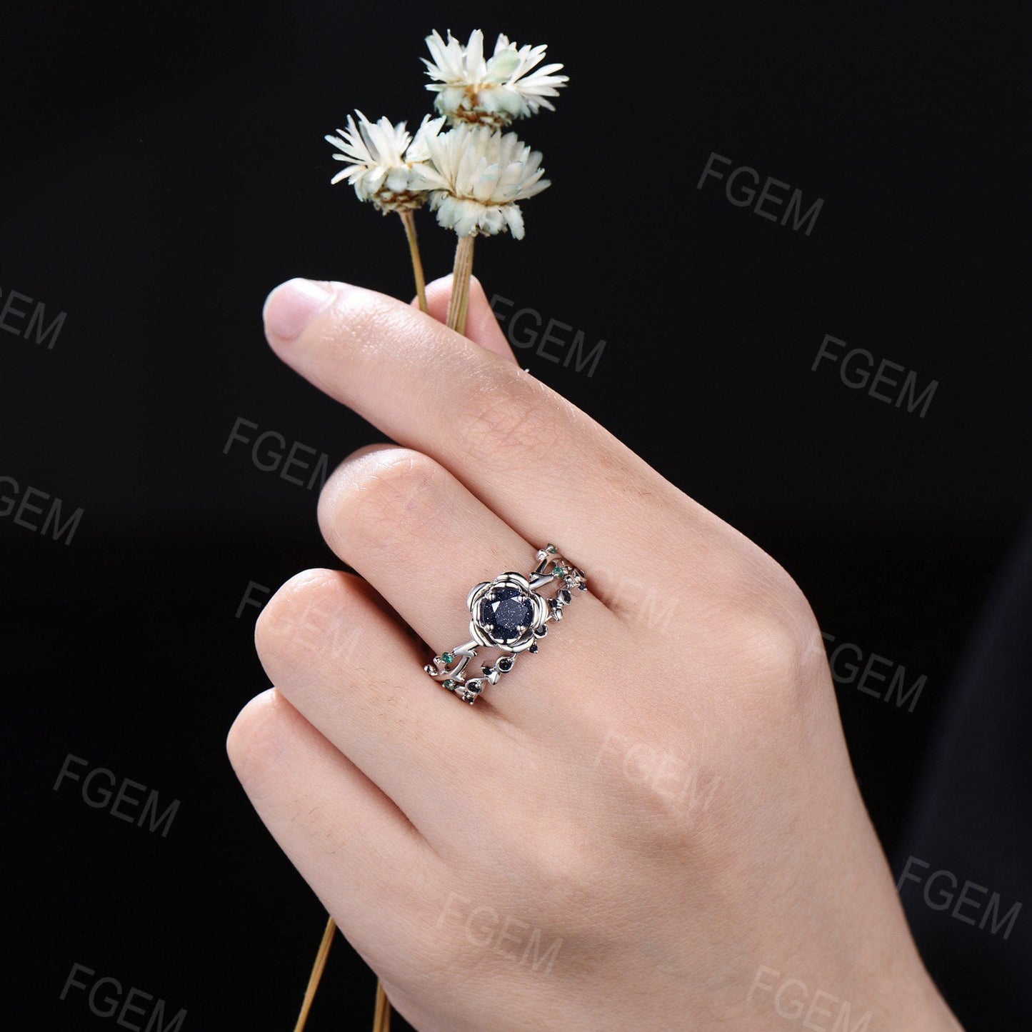 Rose Flower Galaxy Starry Sky Blue Sandstone Bridal Set Cluster Green Emerald Ring Twig Vine Floral Blue Goldstone Platinum Proposal Ring