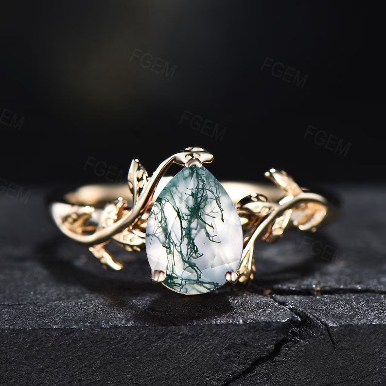 Pear Shape Natural Moss Agate Engagement Ring Set Rose Gold Vintage Branch Design Solitaire Rings Unique Leaf Wedding Ring Anniversary Gift