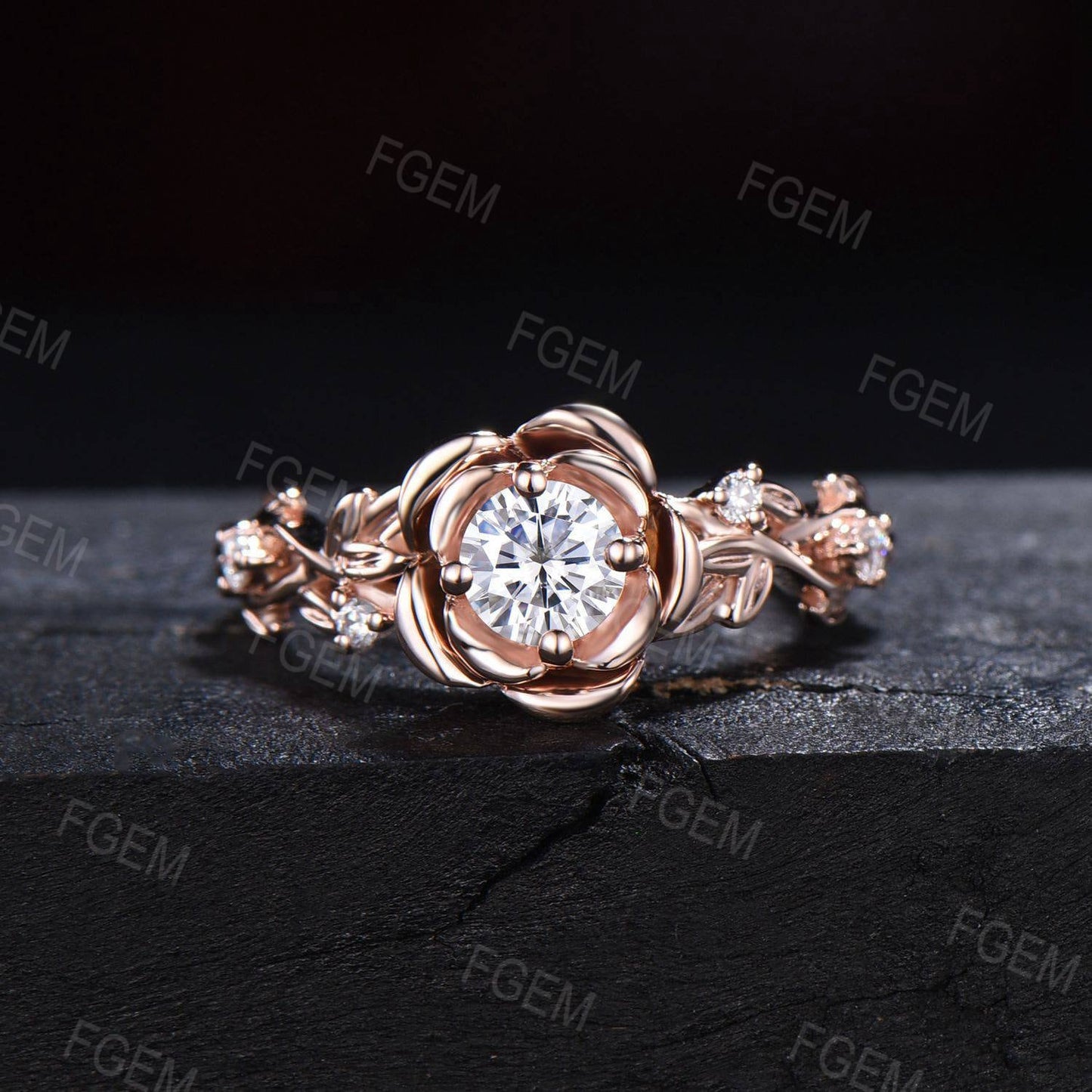 Nature Inspired Rose Flower Engagement Ring 5mm Round Cut Moissanite Wedding Ring for Women 10K/14K/18K Rose Gold Twig Leaf Branch Floral Ring