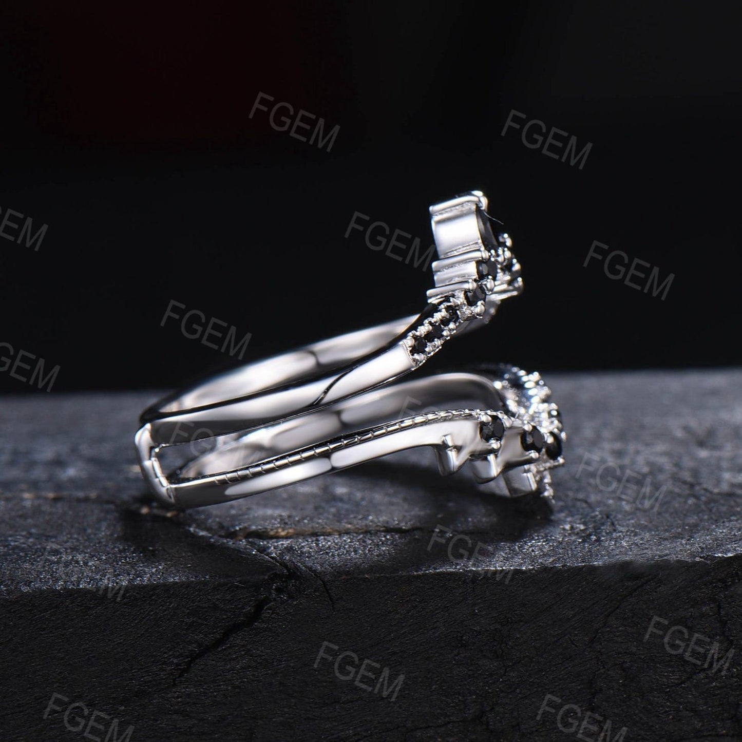 Enhancer Stacking Matching Wedding Band,Black Spinel Band,Black Gemstone Wedding Ring,Double Curved Ring,White Gold Bridal Ring Jacket Women