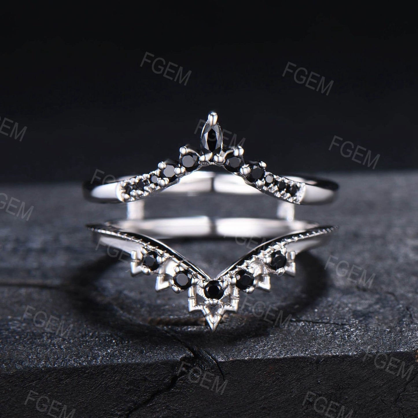 Enhancer Stacking Matching Wedding Band,Black Spinel Band,Black Gemstone Wedding Ring,Double Curved Ring,White Gold Bridal Ring Jacket Women