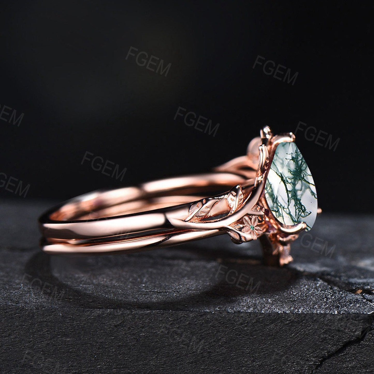 Rose Flower Natural Green Moss Agate Bridal Set 10K Rose Gold Vine Branch Leaf Green Emerald Nature Wedding Ring Set Unique Anniversary Gift