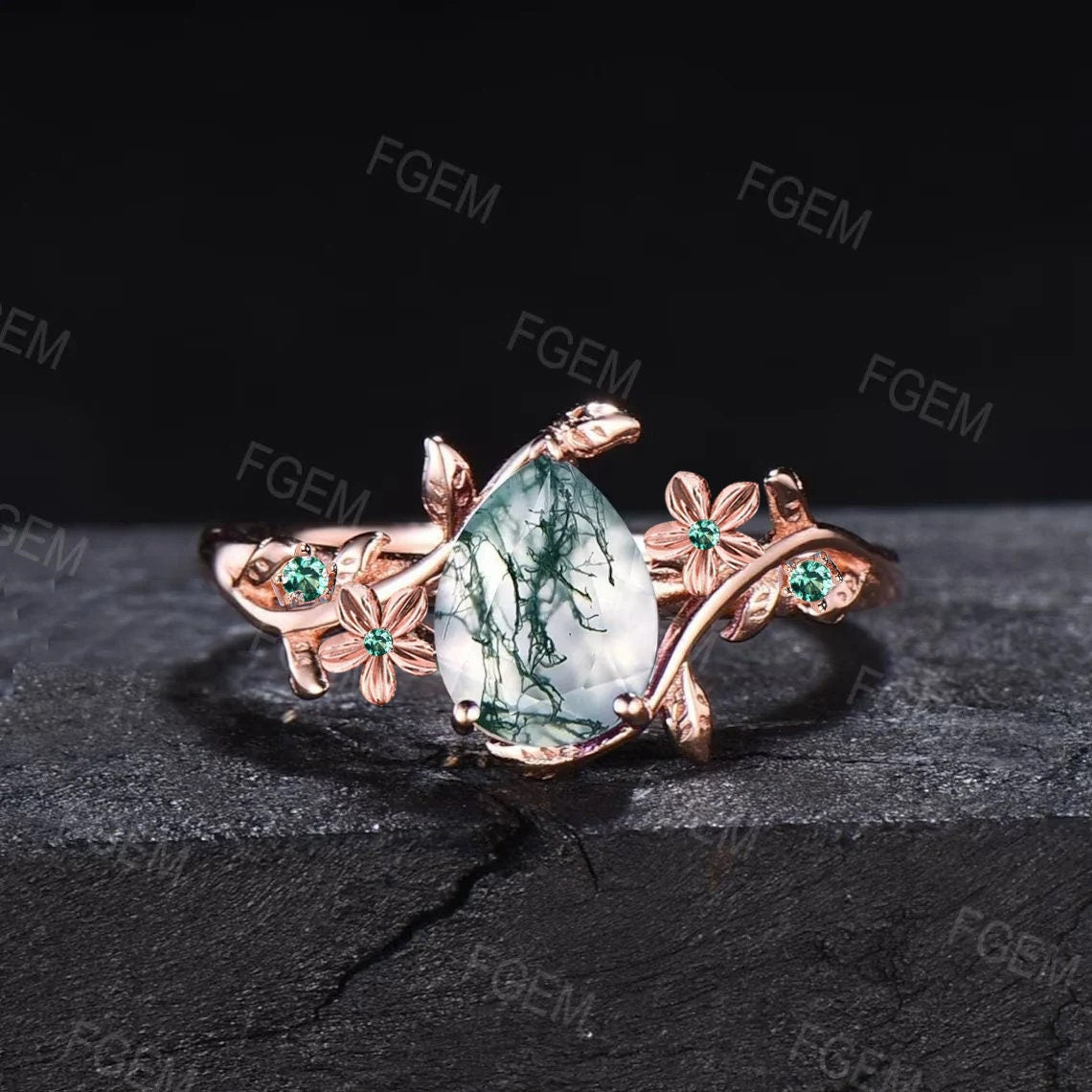 Rose Flower Natural Green Moss Agate Bridal Set 10K Rose Gold Vine Branch Leaf Green Emerald Nature Wedding Ring Set Unique Anniversary Gift