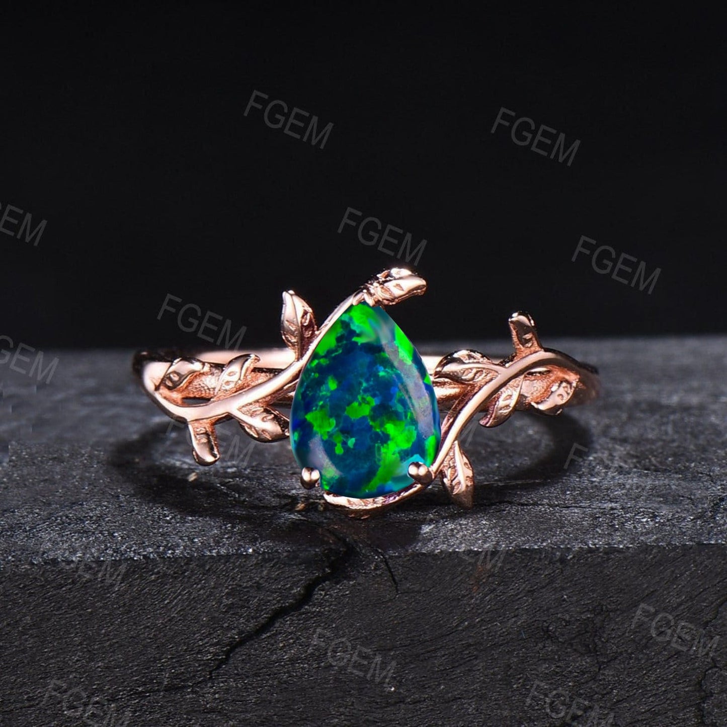 6*8mm Pear Shaped Black Fire Opal Ring Vintage Silver Twig Leaf Nature Inspired Opal Engagement Ring Anniversary Ring Women Proposal Gift