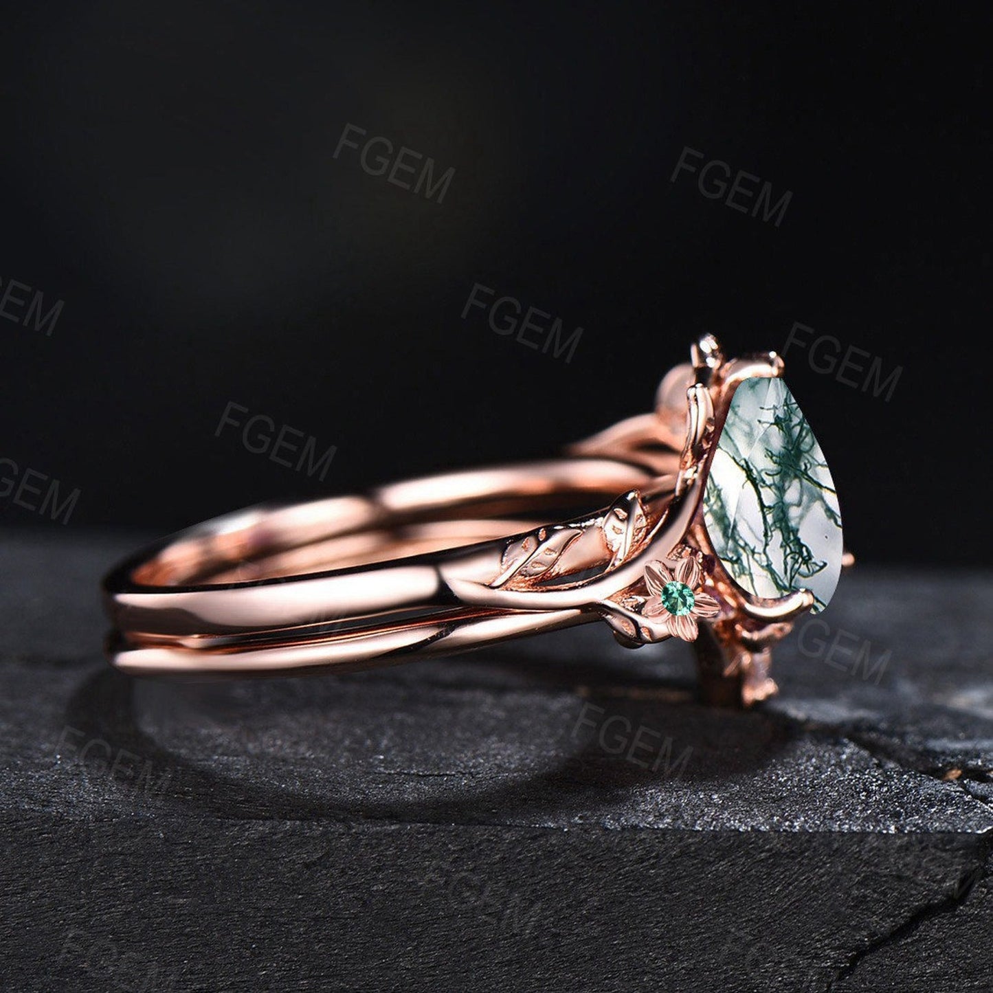 Vine Branch Leaf Style Green Moss Agate Bridal Set 10K Rose Gold Rose Flower Green Emerald Nature Wedding Ring Set Unique Anniversary Gift