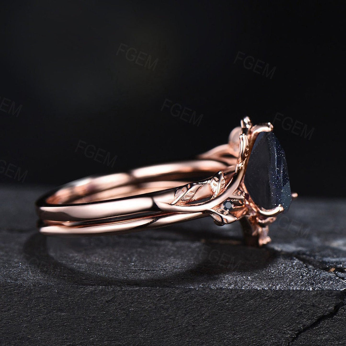 Nature Inspired Natural Black Onyx Engagement Ring Set Vintage Antique Leaf Twig Branch Black Bridal Set 1.25ct Pear Black Onyx Wedding Ring