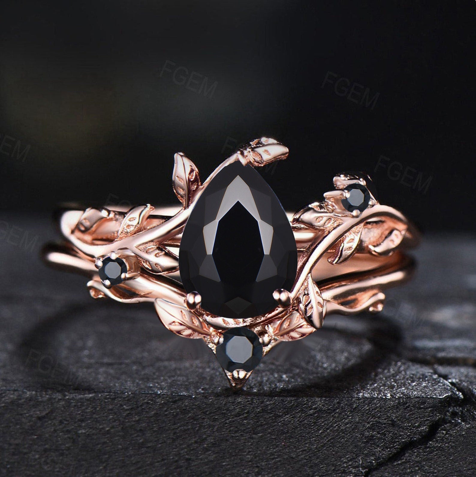 Nature Inspired Natural Black Onyx Engagement Ring Set Vintage