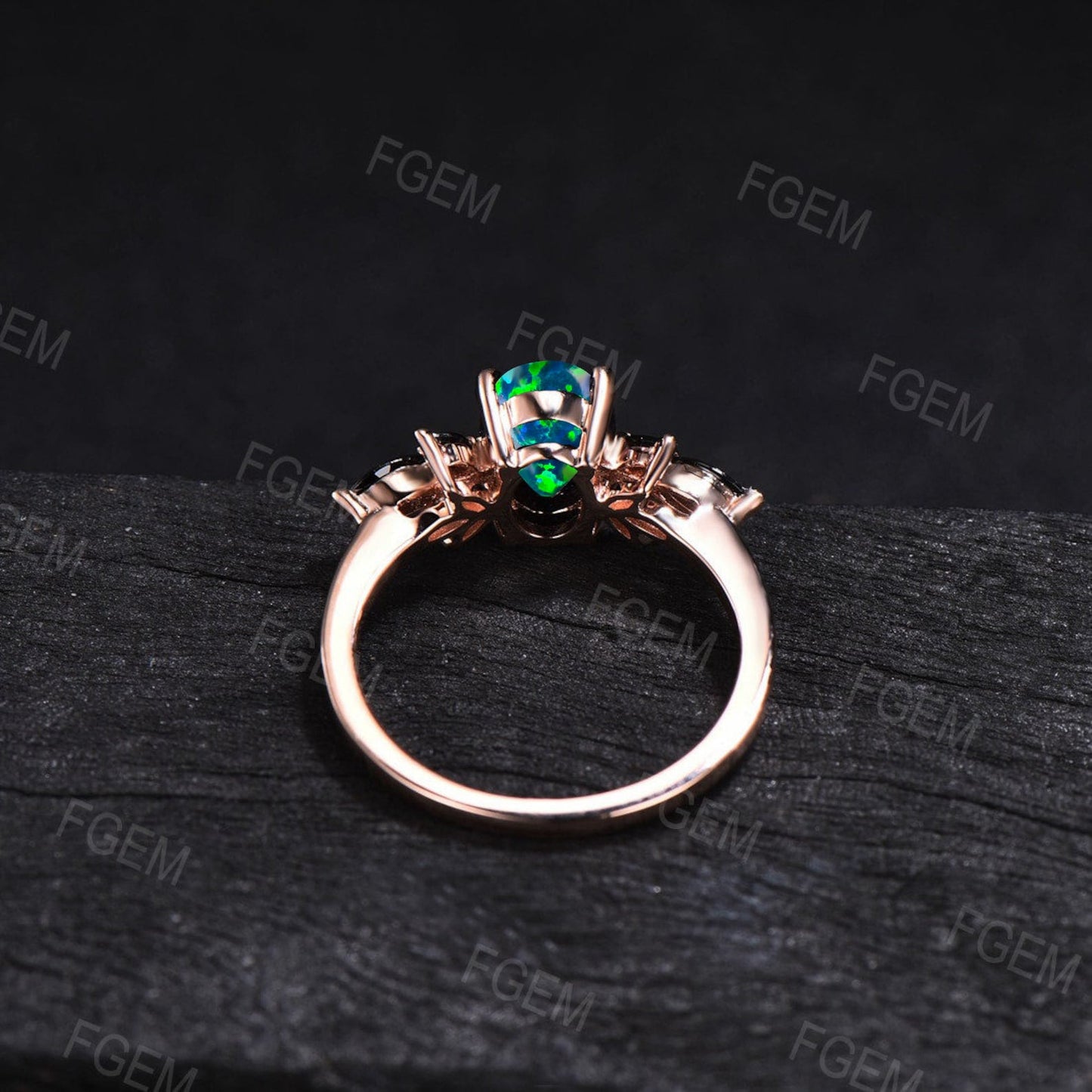1.25ct Pear Shaped Black Fire Opal Cluster Engagement Ring 10K Rose Gold Natural Black Spinel Ring Unique Handmade Proposal Gifts for Women