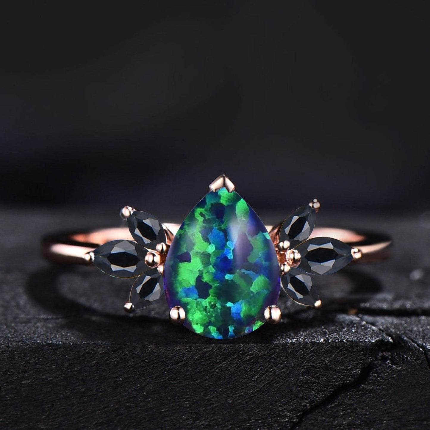 1.25ct Pear Shaped Black Fire Opal Cluster Engagement Ring 10K Rose Gold Natural Black Spinel Ring Unique Handmade Proposal Gifts for Women