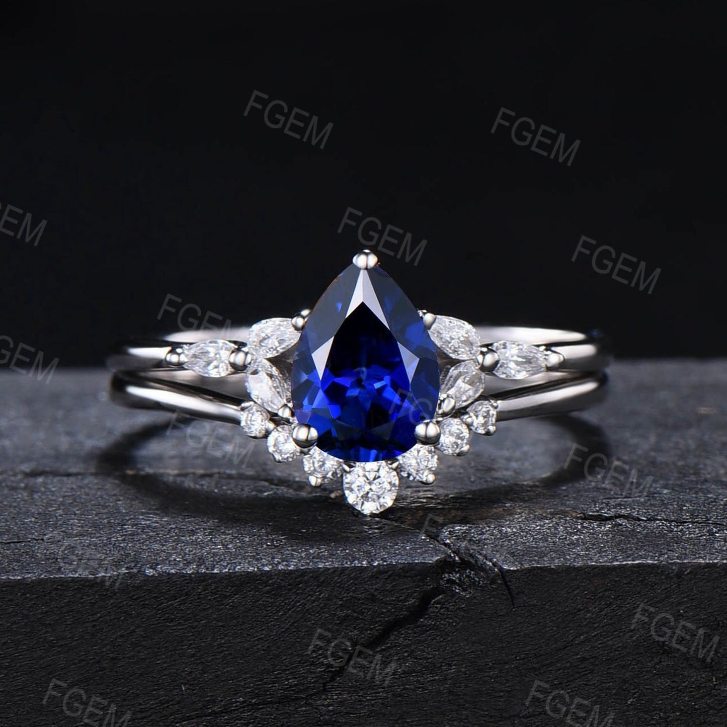 1.25ct Pear Shaped Blue Sapphire Ring for Ladies in Sterling Silver Royal Blue Sapphire Bridal Ring Set September Birthstone Jewelry Gifts