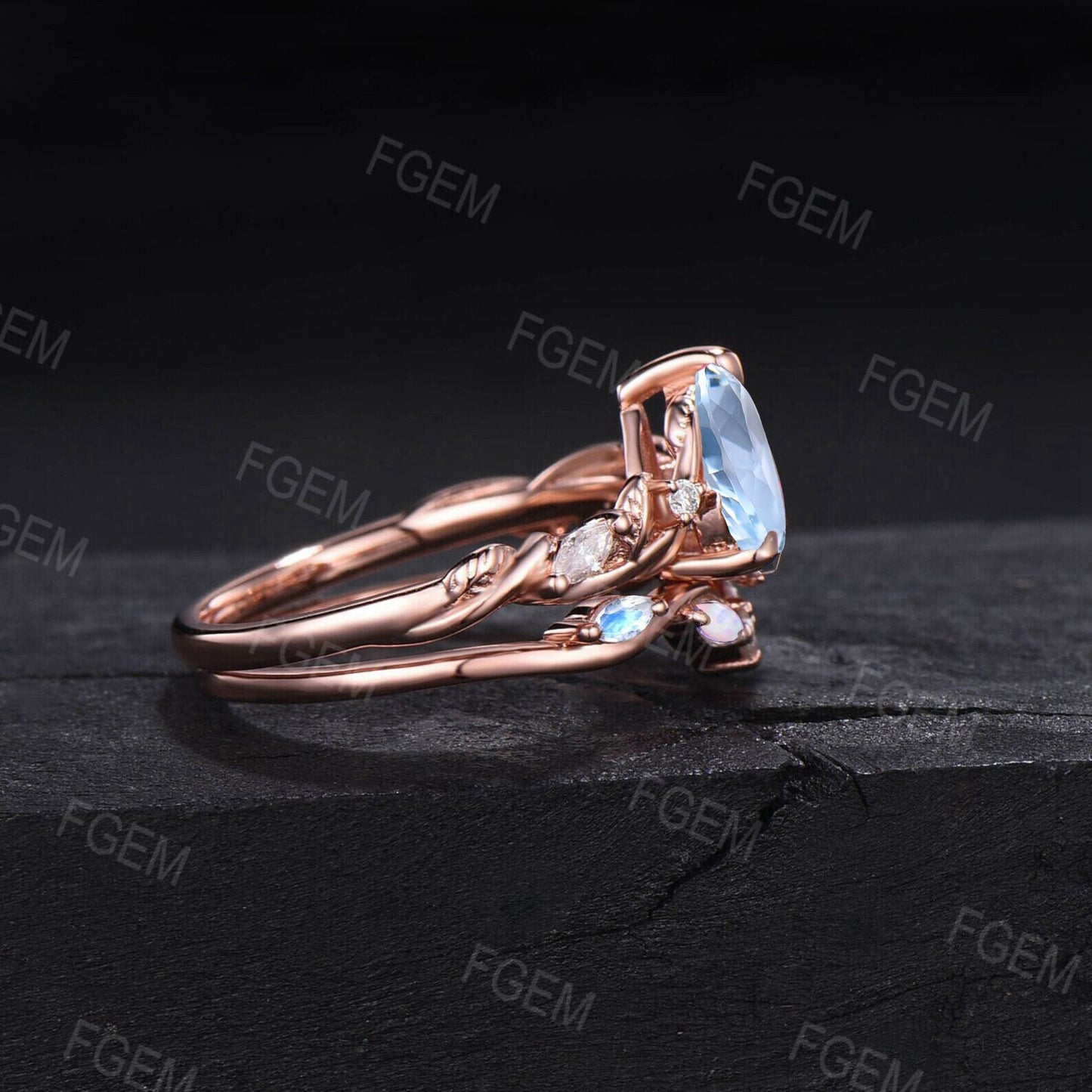 1.25ct Pear Cut Natural Aquamarine Gemstone Engagement Ring Set Twist Leaf Vine Aquamarine Moissanite Nature Bridal Set Moonstone Opal Band