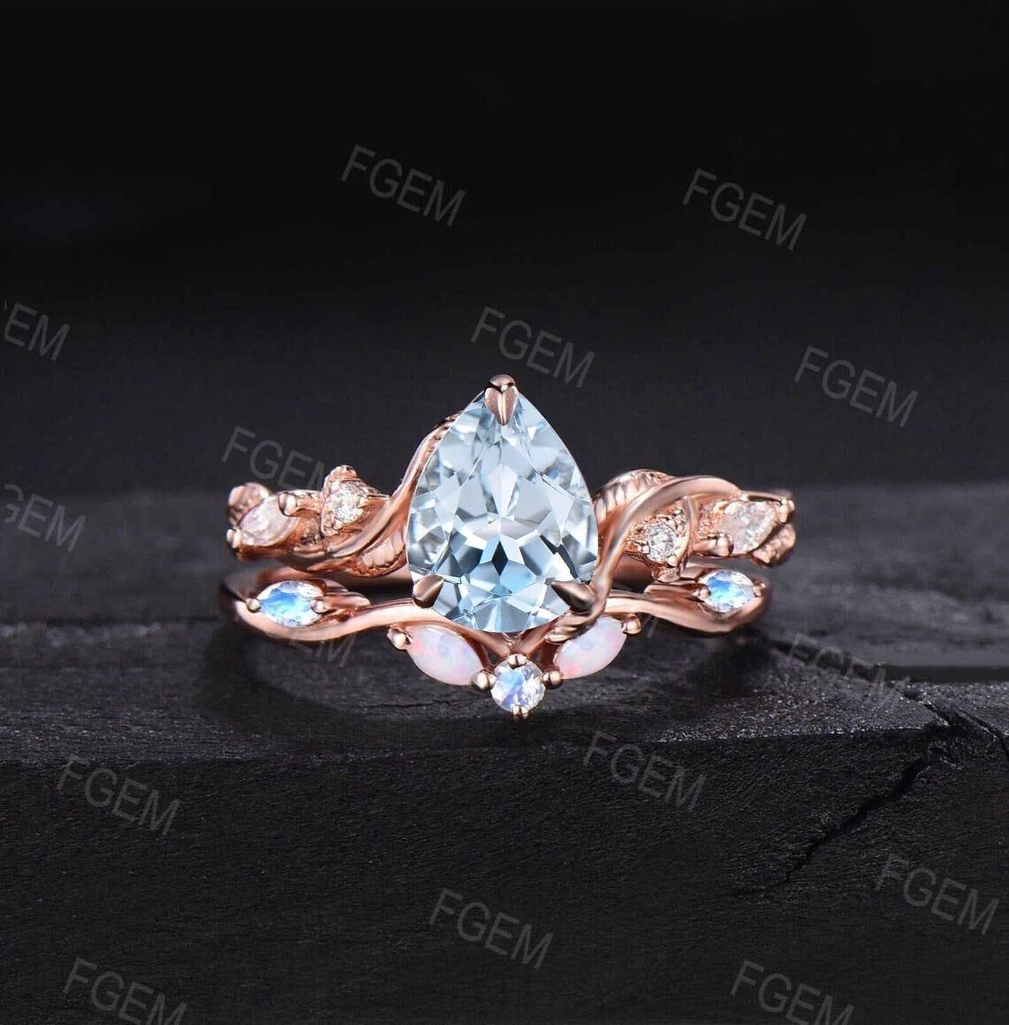 1.25ct Pear Cut Natural Aquamarine Gemstone Engagement Ring Set Twist Leaf Vine Aquamarine Moissanite Nature Bridal Set Moonstone Opal Band