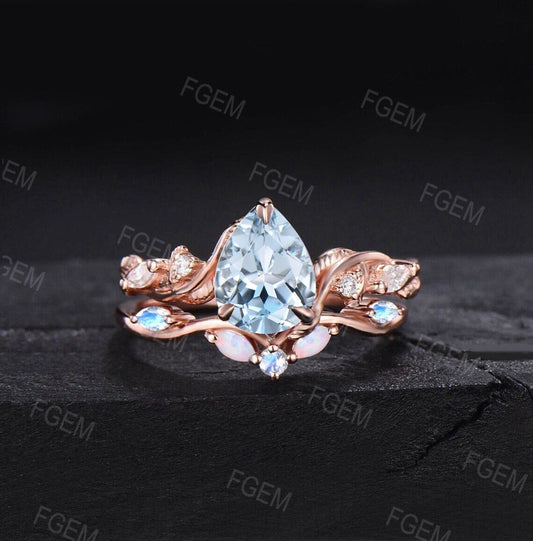 1.25ct Pear Cut Natural Aquamarine Gemstone Engagement Ring Set Twist Leaf Vine Aquamarine Moissanite Nature Bridal Set Moonstone Opal Band