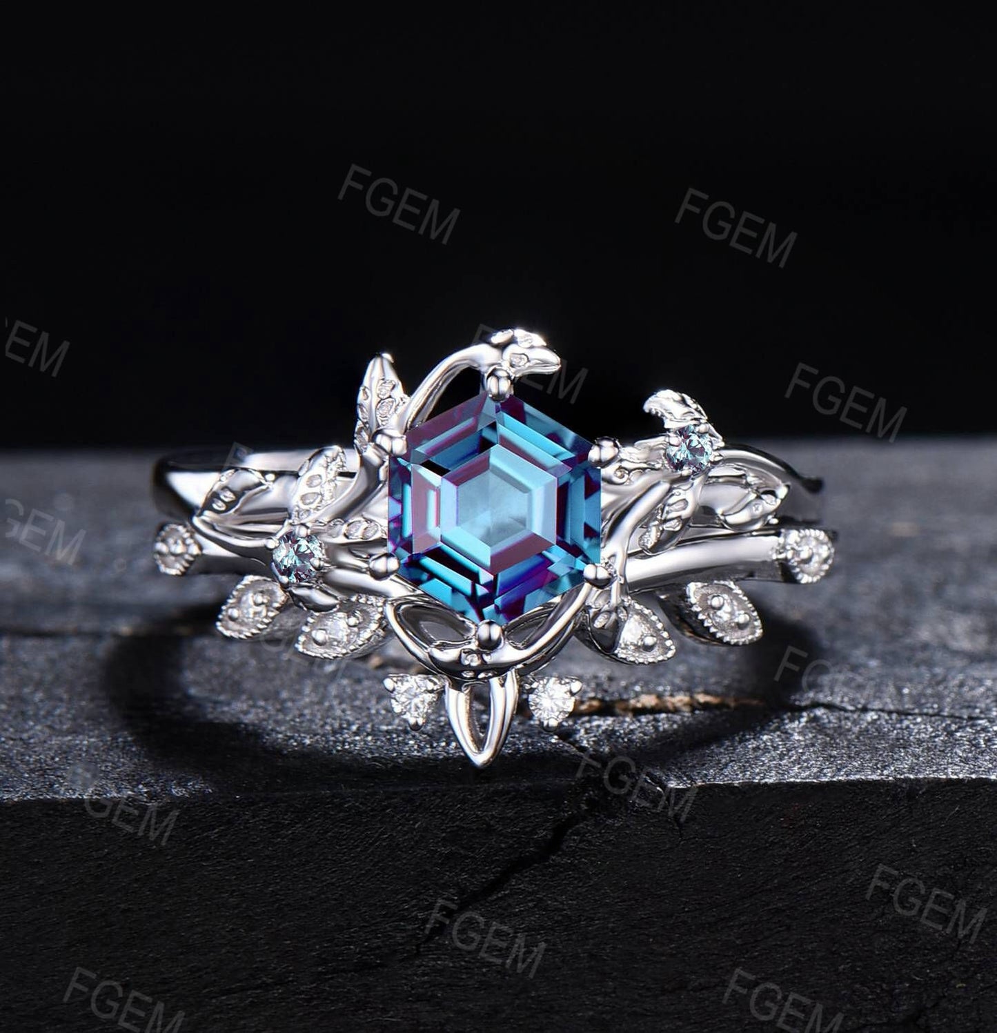 Nature Alexandrite Wedding Ring Set 10K/14K/18K Rose Gold Unique 1ct Hexagon Alexandrite Leaf Ring Set Celtic Knot Bridal Set Promise Ring