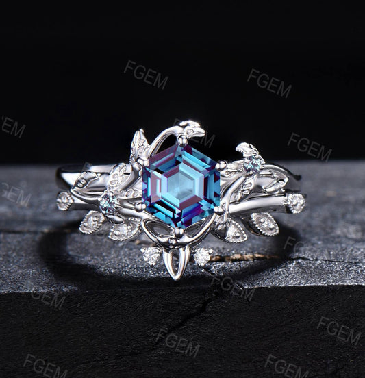 Nature Alexandrite Wedding Ring Set 10K/14K/18K Rose Gold Unique 1ct Hexagon Alexandrite Leaf Ring Set Celtic Knot Bridal Set Promise Ring