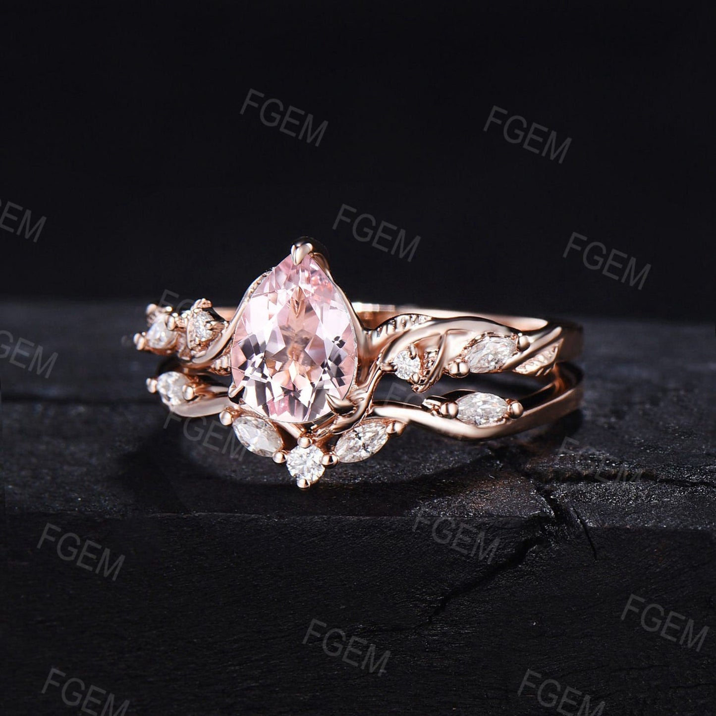 1.25ct Pear Shaped Natural Pink Morganite Diamond Engagement Ring Set Leaf Vine Ring Set Nature Inspired Pink Morganite Moissanite Ring Set