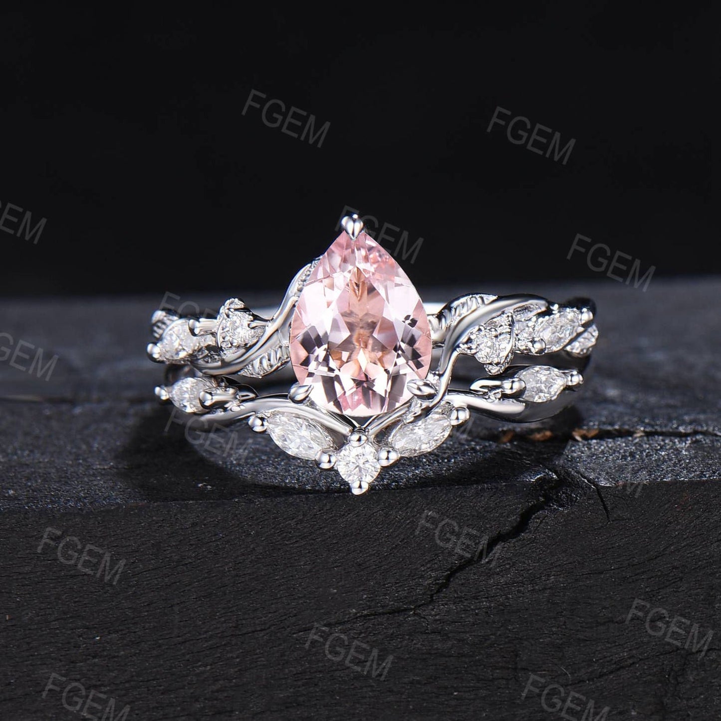 1.25ct Pear Shaped Natural Pink Morganite Diamond Engagement Ring Set Leaf Vine Ring Set Nature Inspired Pink Morganite Moissanite Ring Set