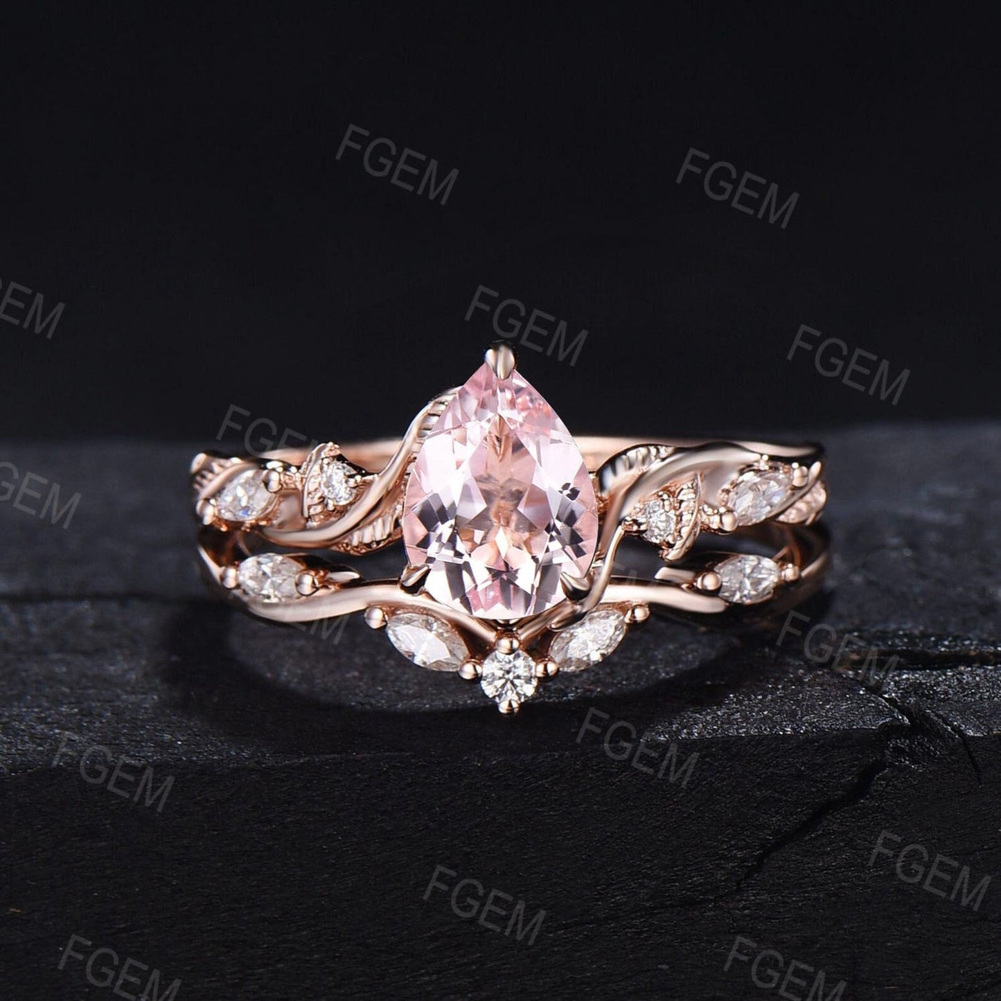 1.25ct Pear Shaped Natural Pink Morganite Diamond Engagement Ring Set Leaf Vine Ring Set Nature Inspired Pink Morganite Moissanite Ring Set