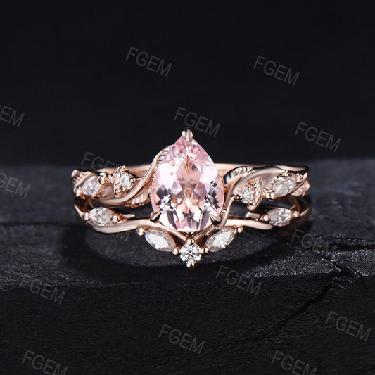 1.25ct Pear Shaped Natural Pink Morganite Diamond Engagement Ring Set Leaf Vine Ring Set Nature Inspired Pink Morganite Moissanite Ring Set