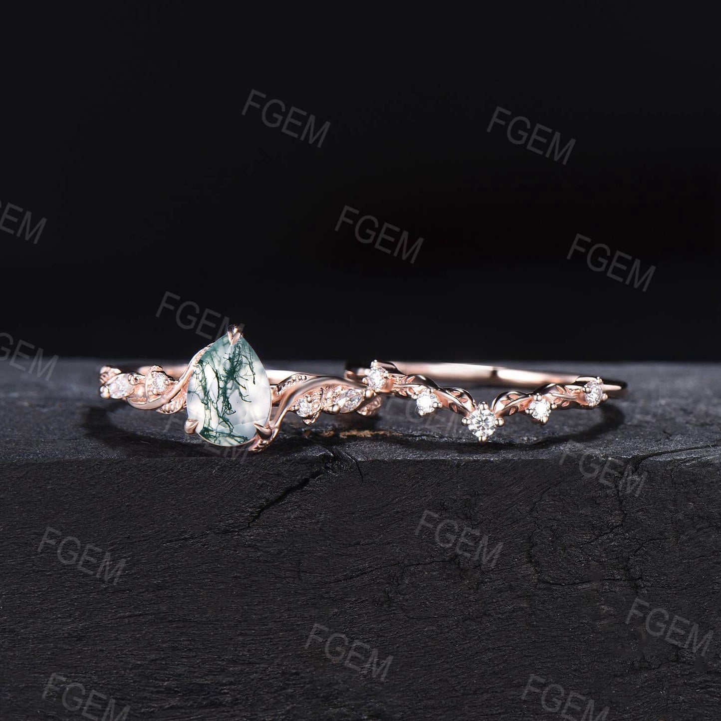 Branch Twig Design 1.25CT Pear Cut Natural Moss Agate Engagement Ring Set Vintage 14K Rose Gold Nature Inspired Moss Moissanite Wedding Ring