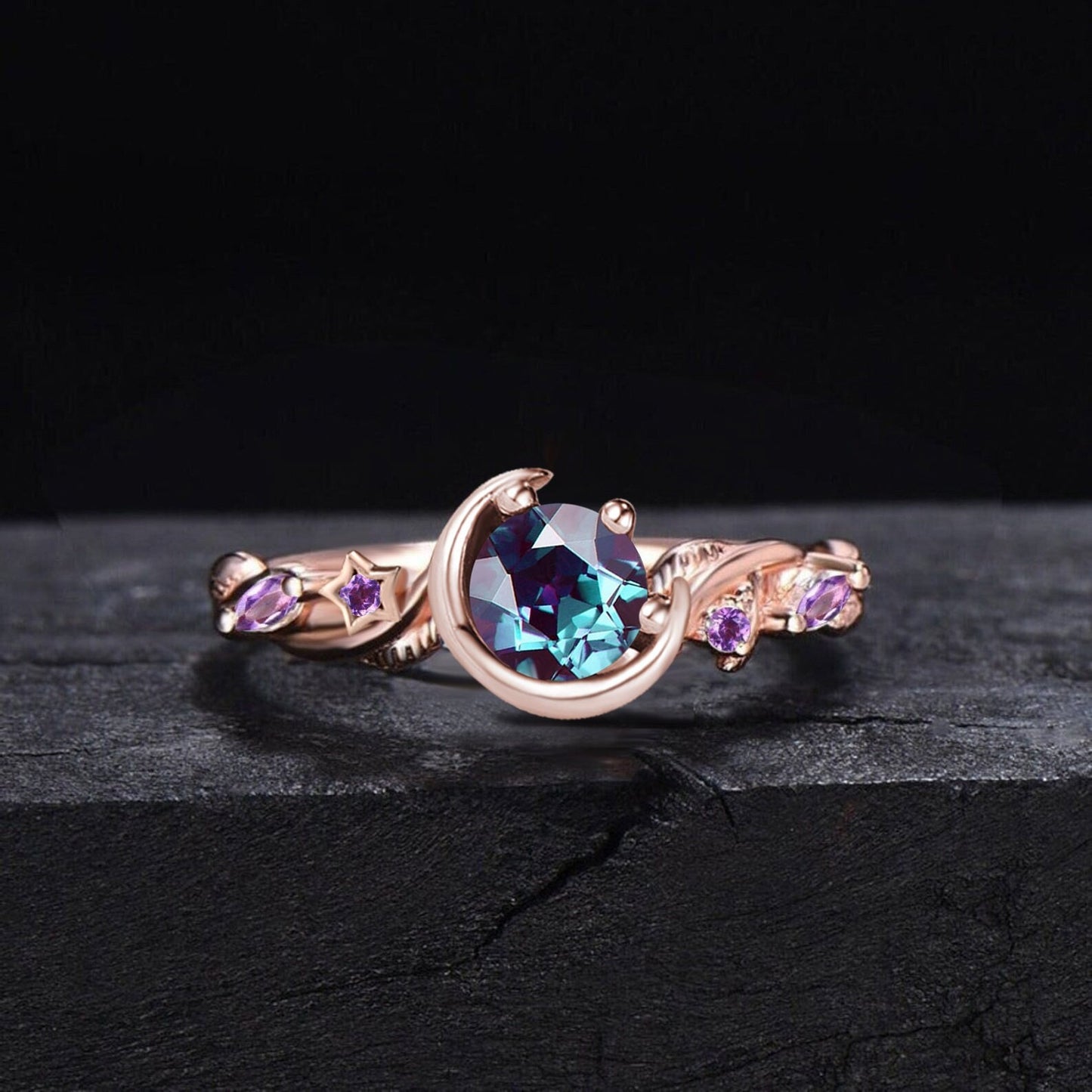 Nature Inspired Color-Change Alexandrite Amethyst Ring Unique Moon Star Design Celestial Wedding Ring Twist Leaf Vine Round Alexandrite Ring