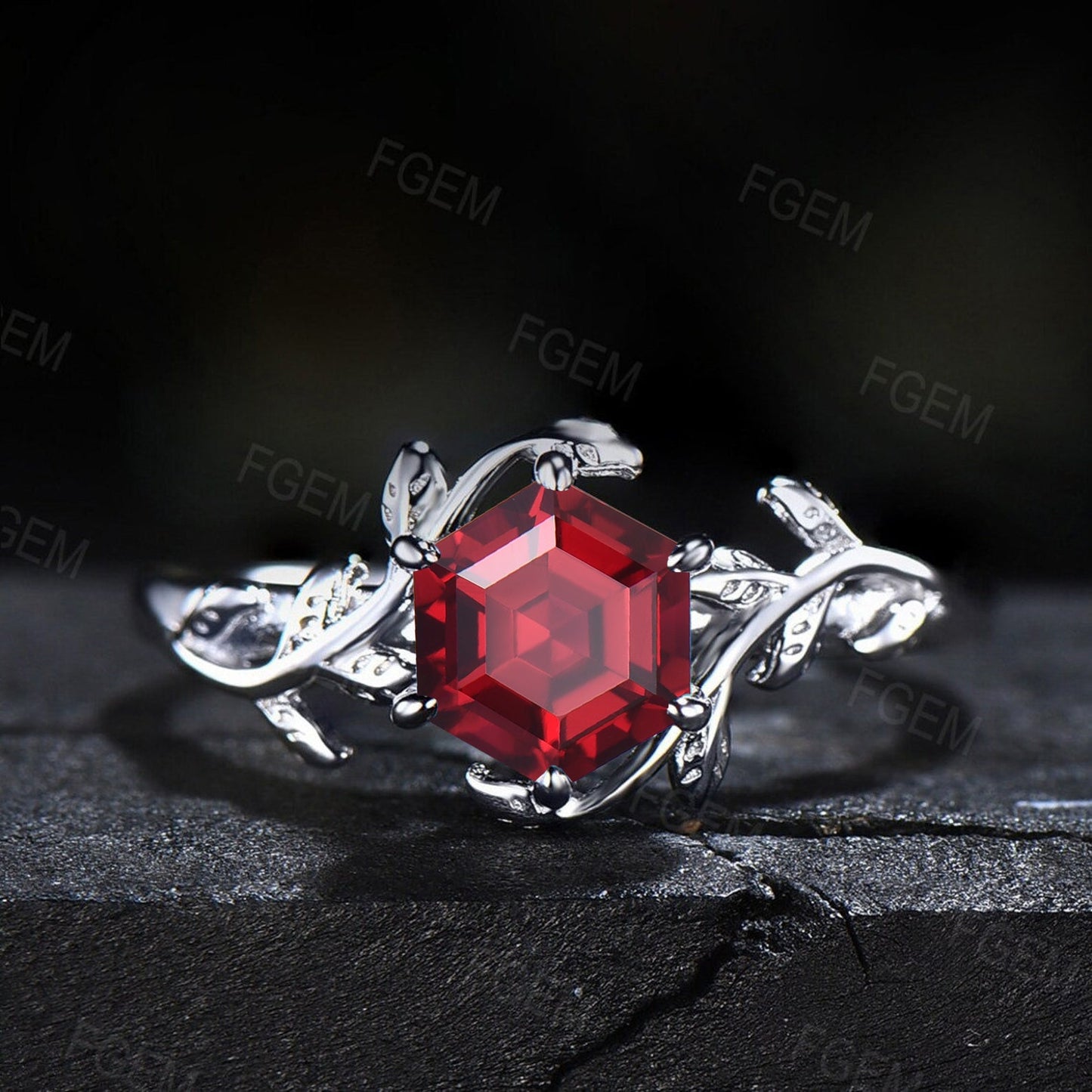 1ct Hexagon Ruby Bridal Set 10K White Gold Nature Inspired Twig Leaf Red Ruby Engagement Rings July Birthstone Gift Celtic Knot Wedding Ring