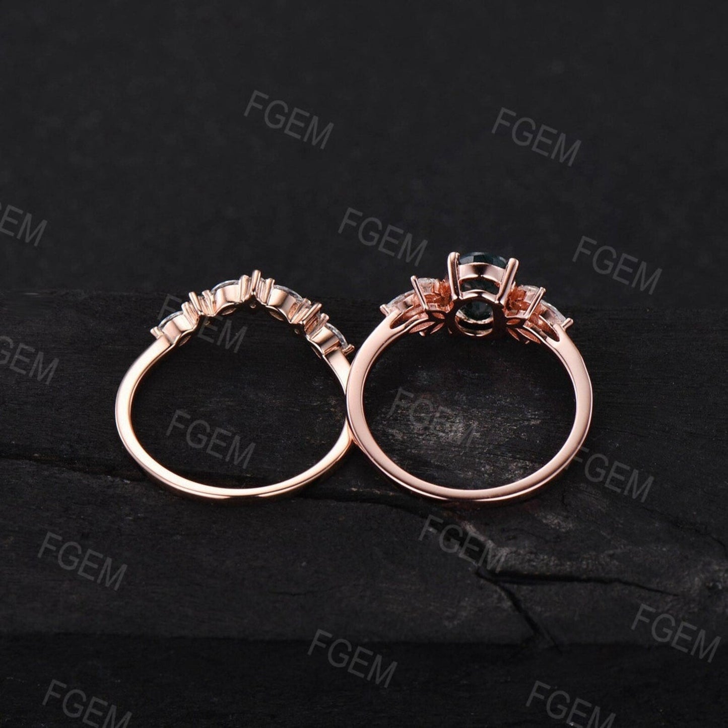 1.5ct Oval Cut Galaxy Starry Sky Blue Sandstone Cluster Engagement Ring Set Black Bridal Set Moissanite Black Gemstone Wedding Nesting Band