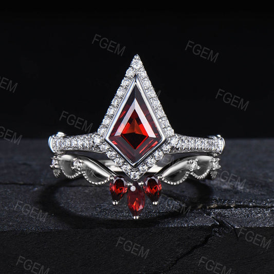 Kite Cut Natural Red Garnet Halo Engagement Ring Set 10K White Gold Moissanite Garnet Bezel Wedding Bridal Set Unique Anniversary Gift Women