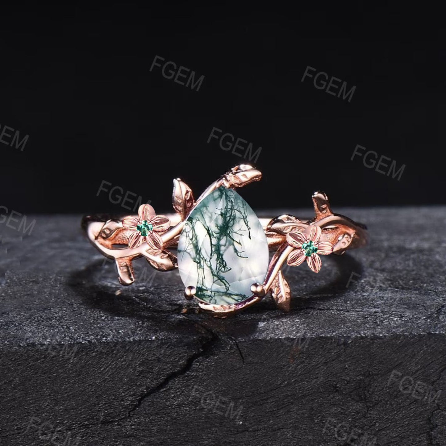 Vine Branch Leaf Style Green Moss Agate Bridal Set 10K Rose Gold Rose Flower Green Emerald Nature Wedding Ring Set Unique Anniversary Gift