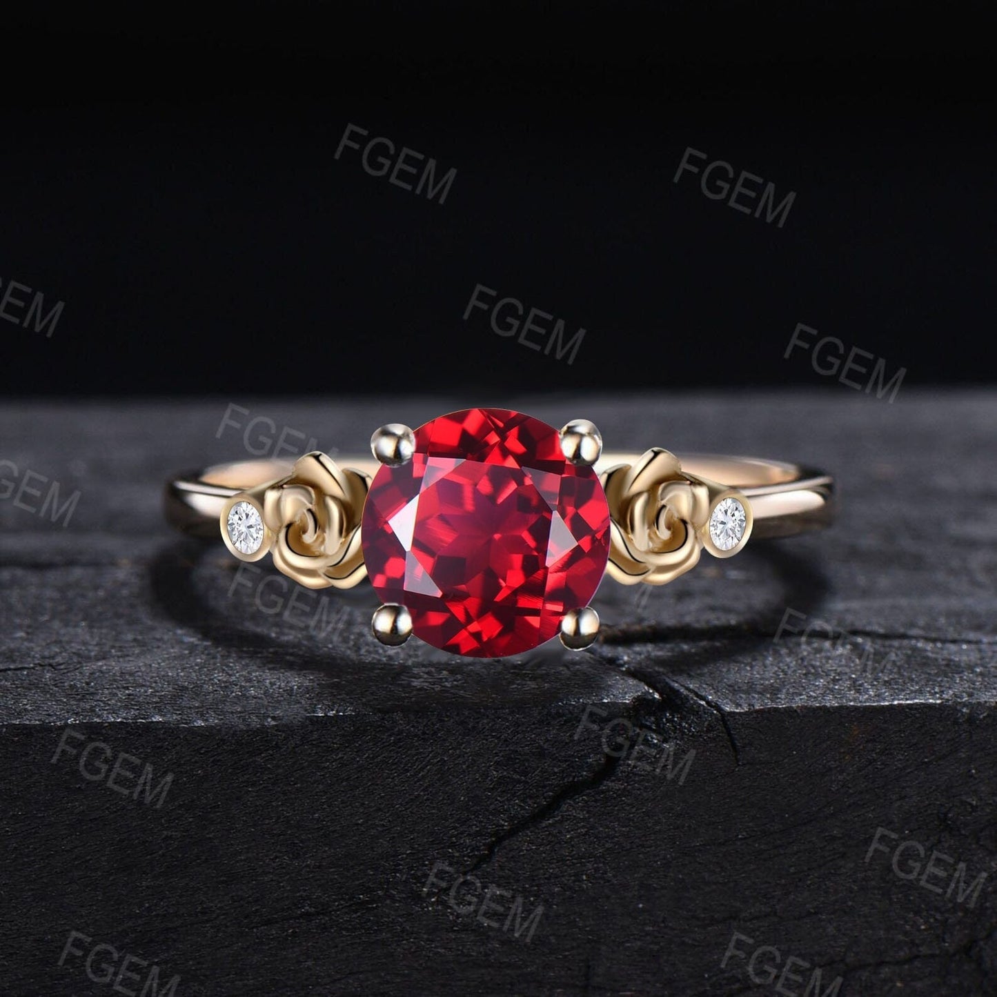 Rose Flower Nature Inspired Red Ruby Engagement Ring Round Ruby Nature Wedding Ring Floral Ruby Moissanite Ring July Birthstone Jewelry Gift
