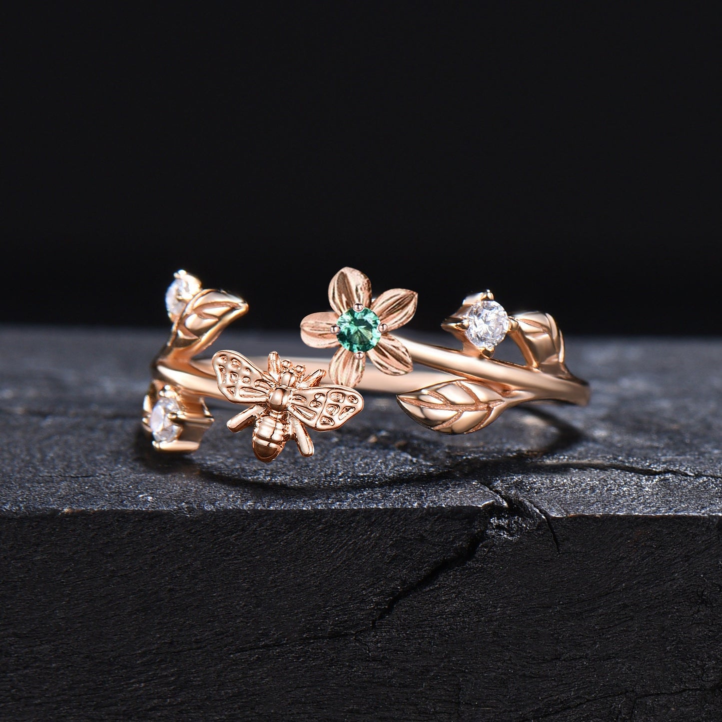 Green Emerald Leaf Wedding Band Vintage Spring Flower Honey Bee Matching Band Art Deco Nature Inspired Wedding Ring Beekeeper Jewelry Gifts