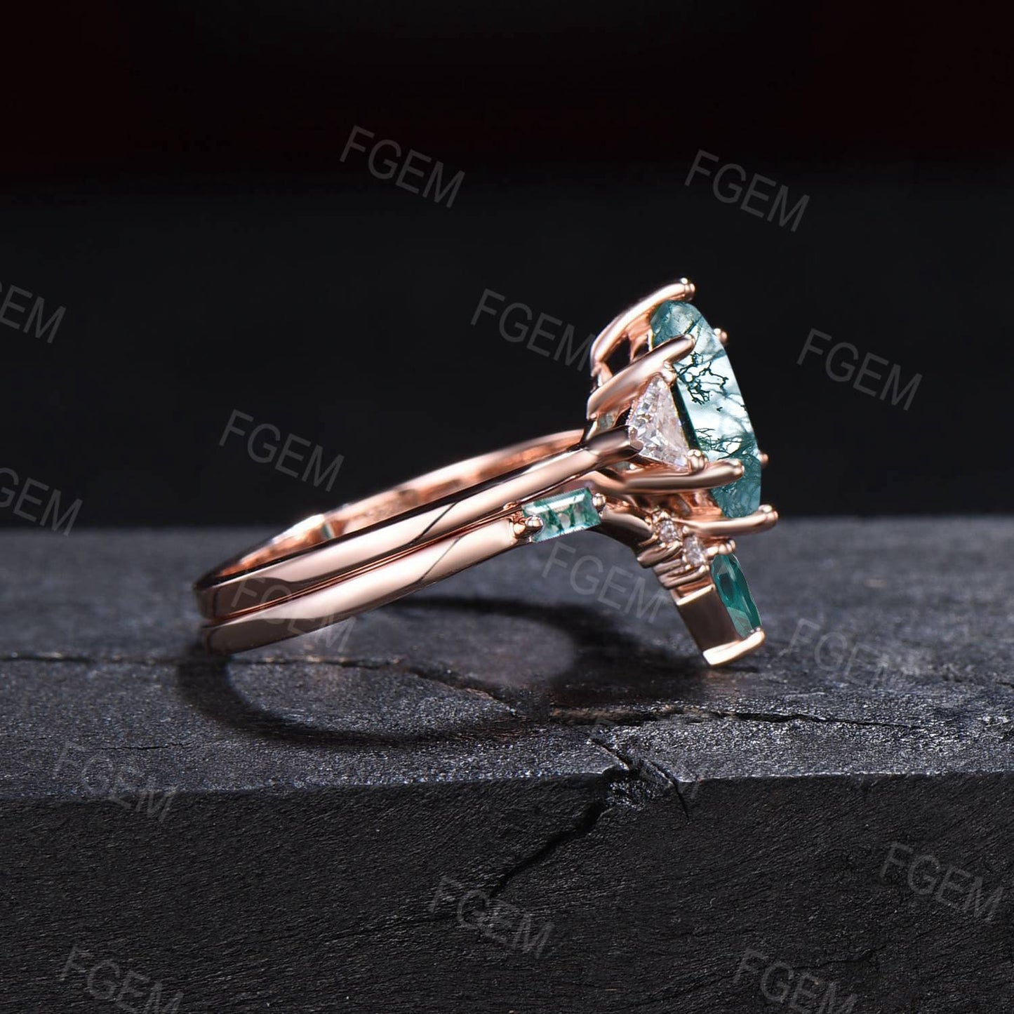 Hexagon Cut Natural Moss Agate Engagement Ring Set Vintage 10K Rose Gold Moss Agate Emerald Wedding Band Unique Anniversary/Birthday Gifts