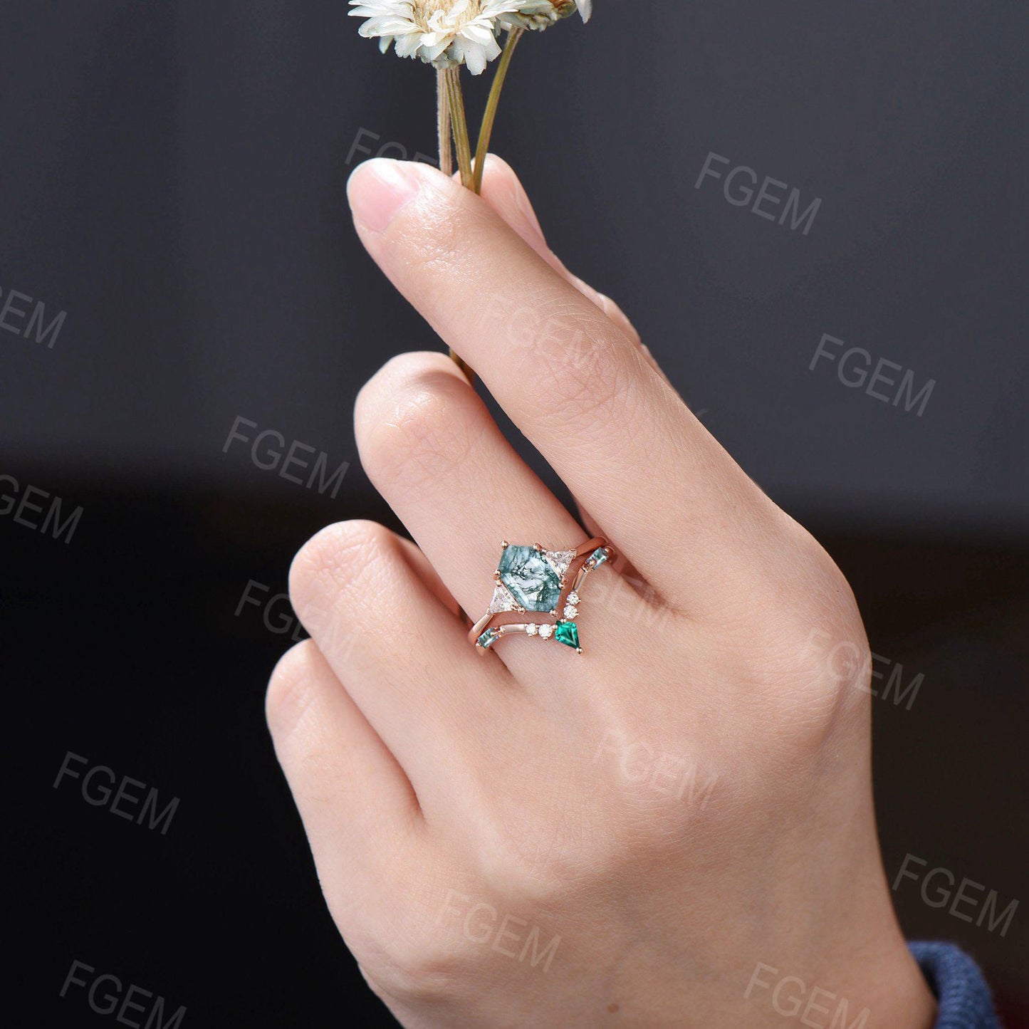 Hexagon Cut Natural Moss Agate Engagement Ring Set Vintage 10K Rose Gold Moss Agate Emerald Wedding Band Unique Anniversary/Birthday Gifts