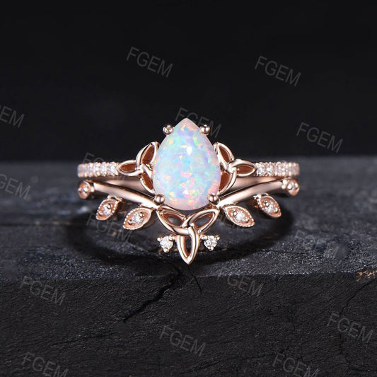 Pear White Opal Celtic Engagement Ring Set Half Eternity Moissanite Band Moissanite Diamond Trinity Knot Wedding Ring Leaf Opal Bridal Set